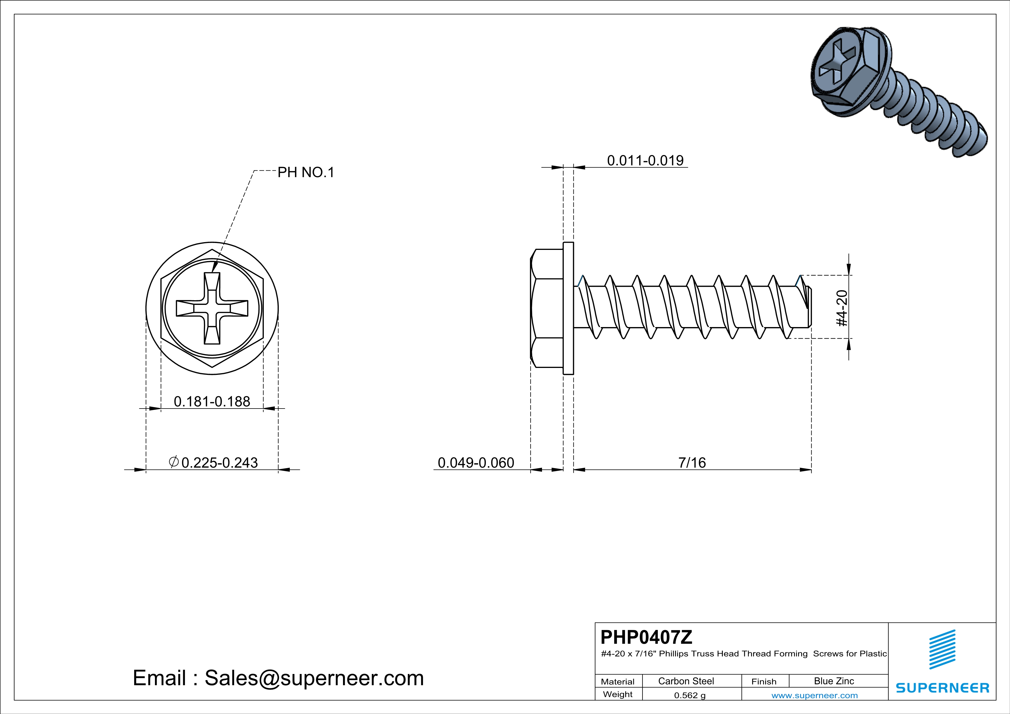 4 &times; 7/16" Hex Washer Head Phillips Thread Forming inch Screws for Plastic  Steel Blue Zinc Plated
