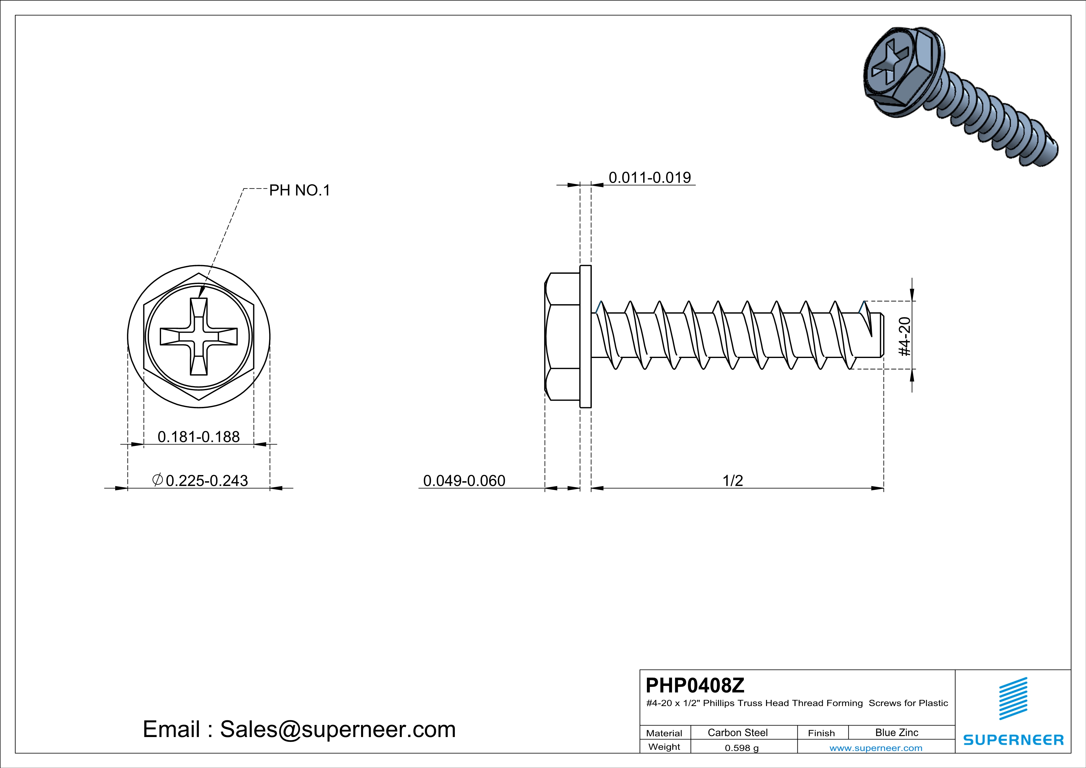 4 &times; 1/2" Hex Washer Head Phillips Thread Forming inch Screws for Plastic  Steel Blue Zinc Plated