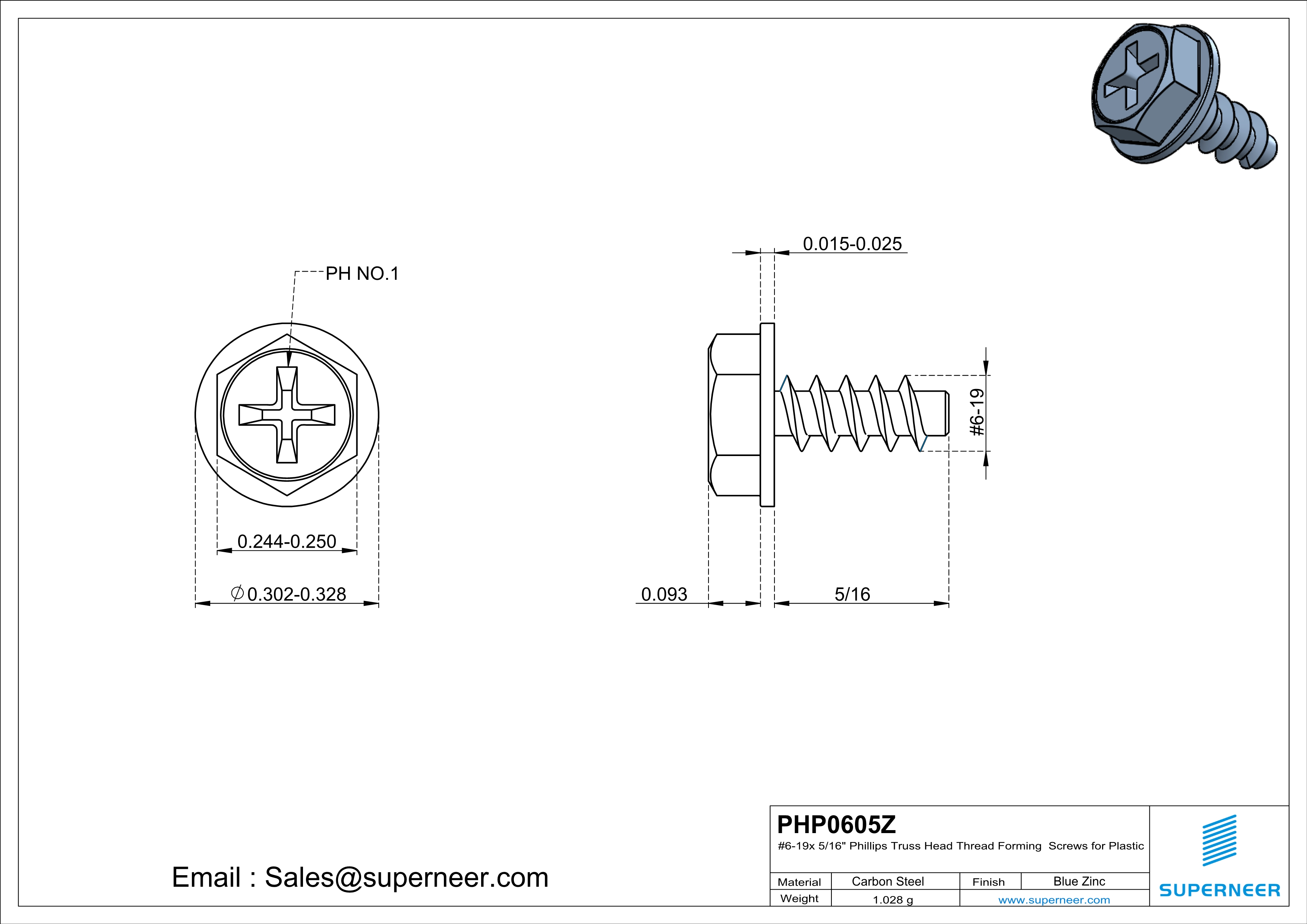 6 &times; 5/16" Hex Washer Head Phillips Thread Forming inch Screws for Plastic  Steel Blue Zinc Plated