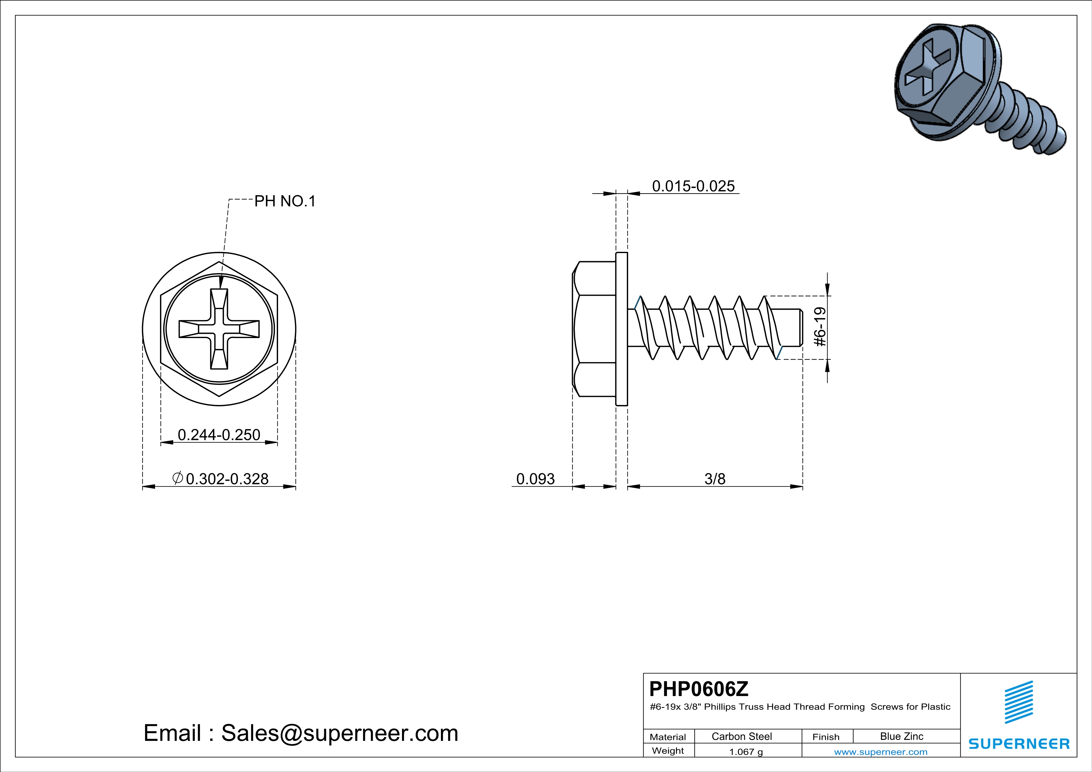 6 &times; 3/8" Hex Washer Head Phillips Thread Forming inch Screws for Plastic  Steel Blue Zinc Plated