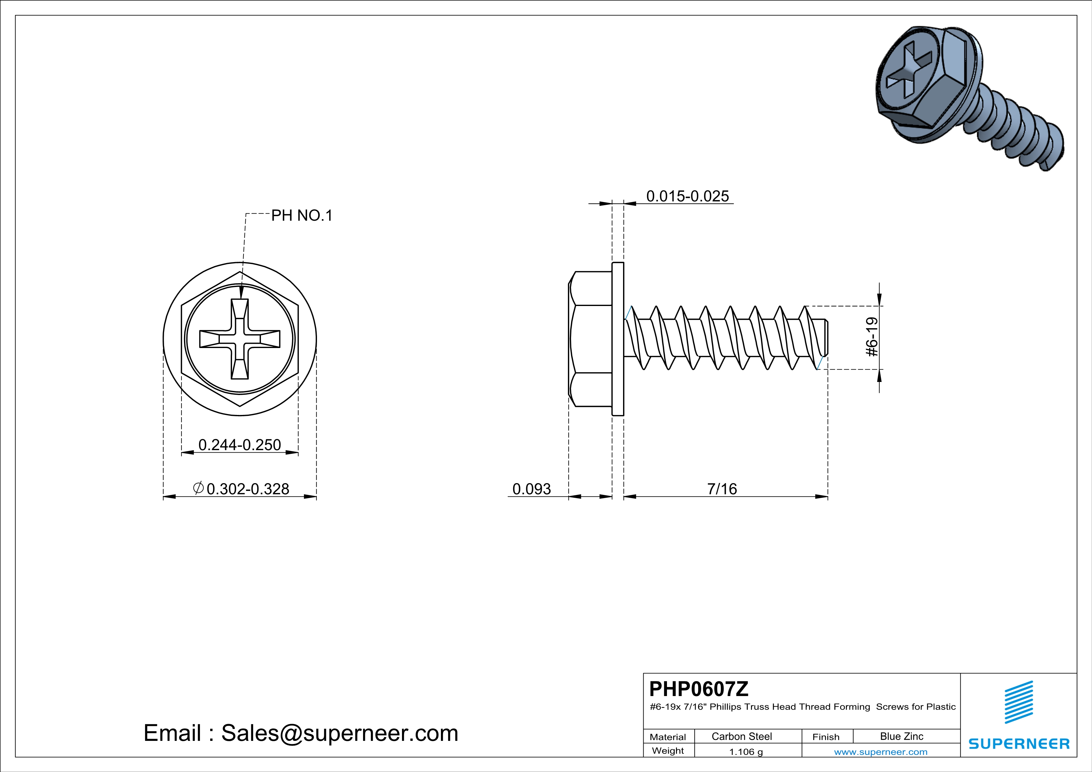 6 &times; 7/16" Hex Washer Head Phillips Thread Forming inch Screws for Plastic  Steel Blue Zinc Plated