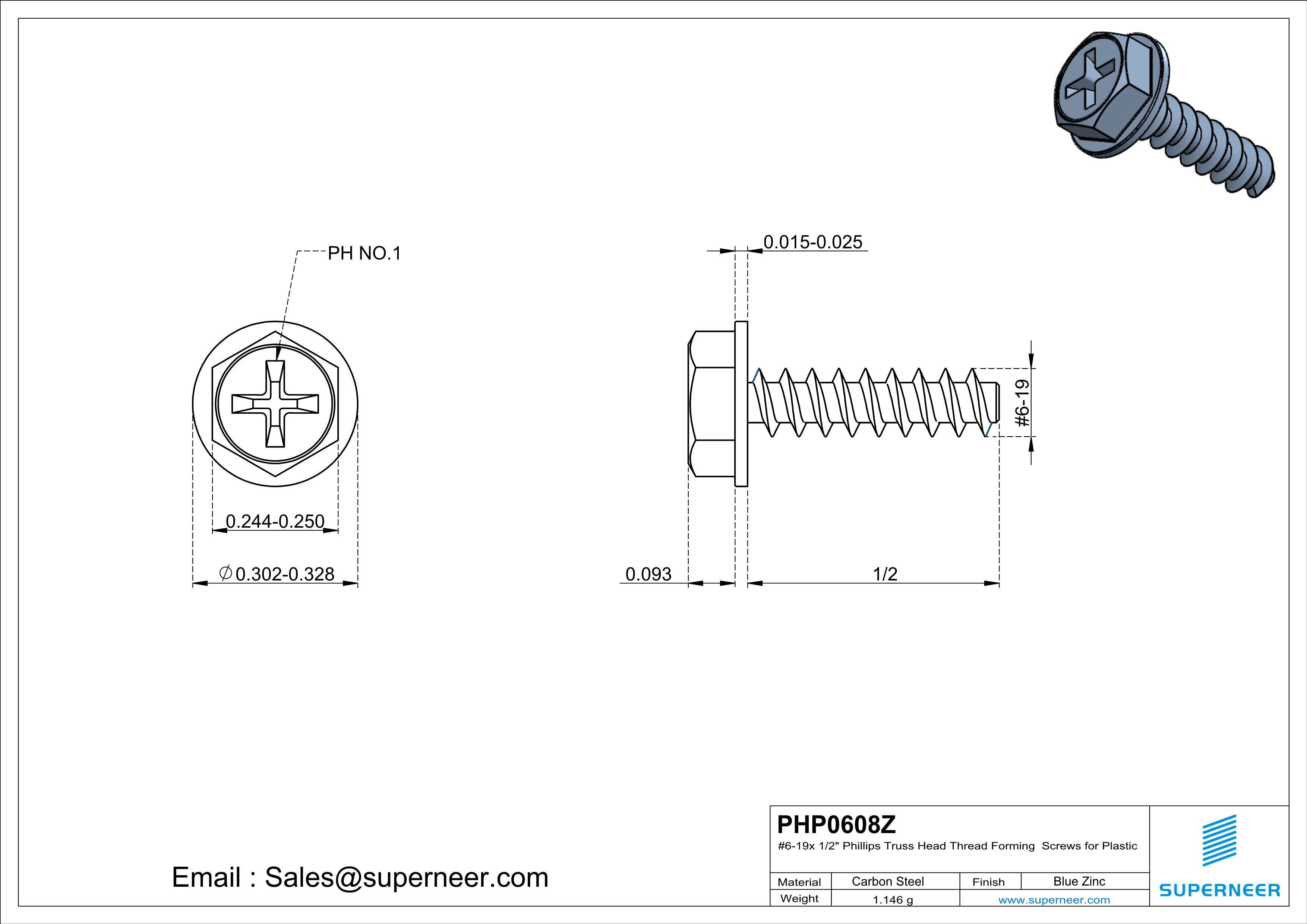 6 &times; 1/2" Hex Washer Head Phillips Thread Forming inch Screws for Plastic  Steel Blue Zinc Plated