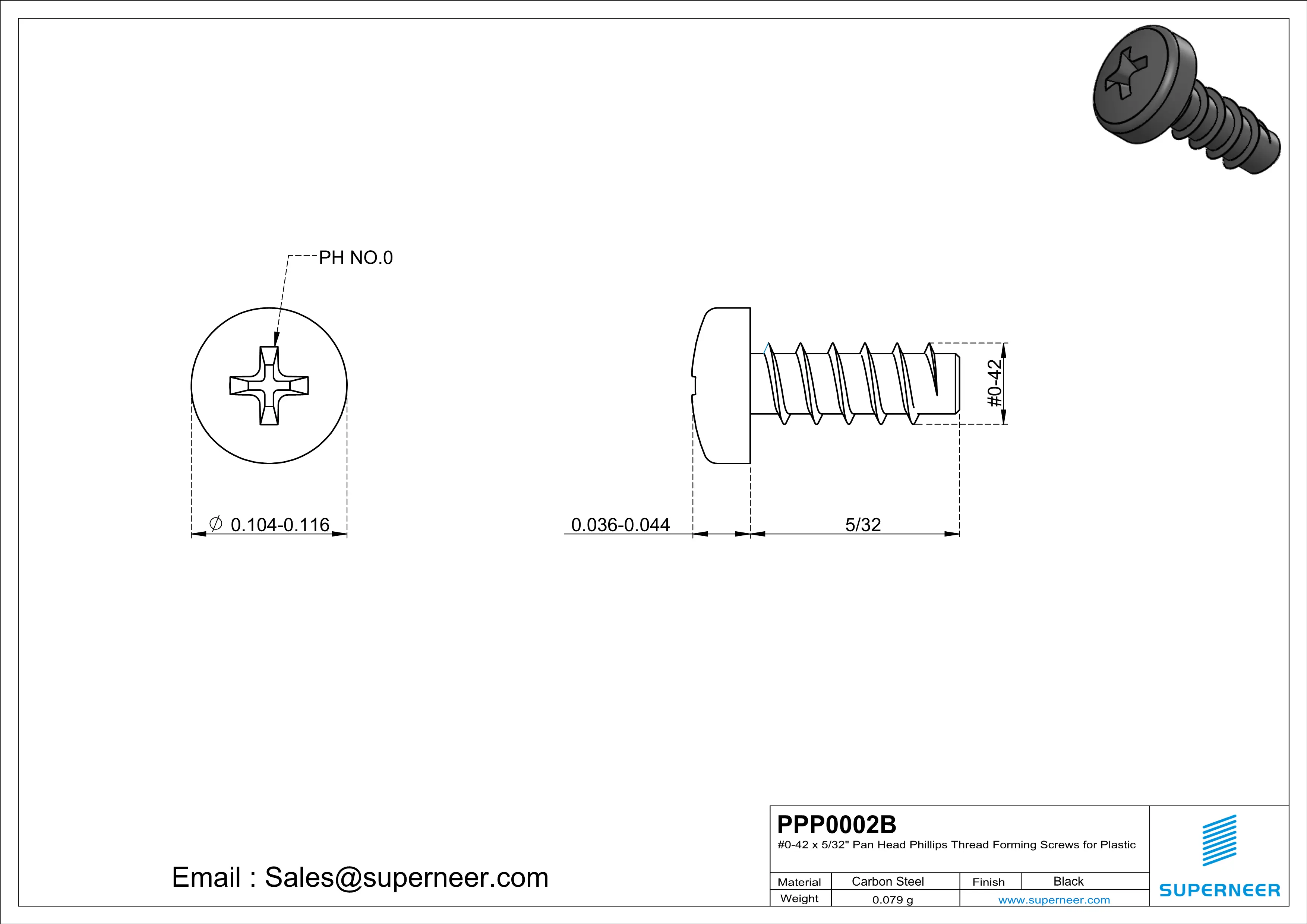 0 &times; 5/32" Pan Head Phillips Thread Forming inch Screws for Plastic  Steel Black
