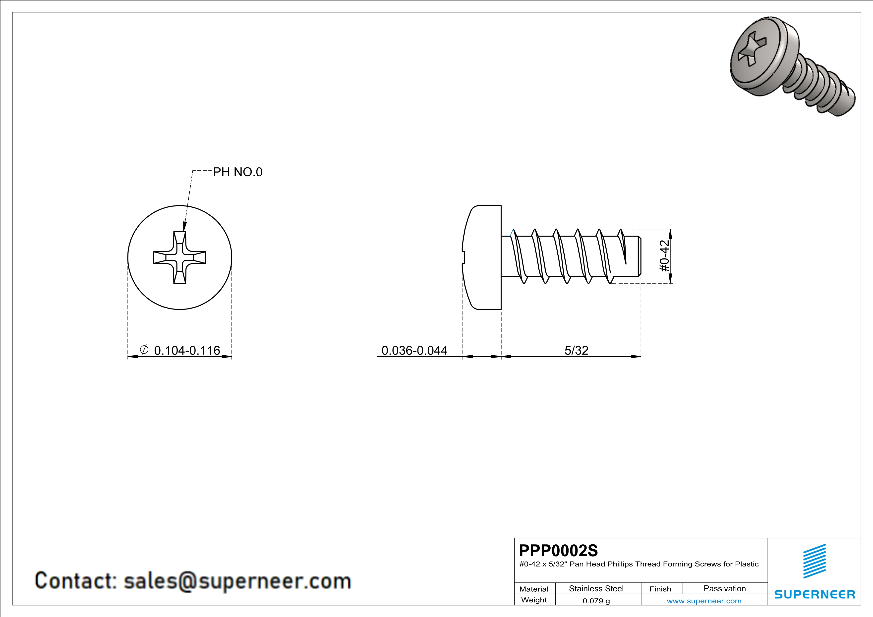 0 &times; 5/32" Pan Head Phillips Thread Forming inch Screws for Plastic  SUS304 Stainless Steel Inox