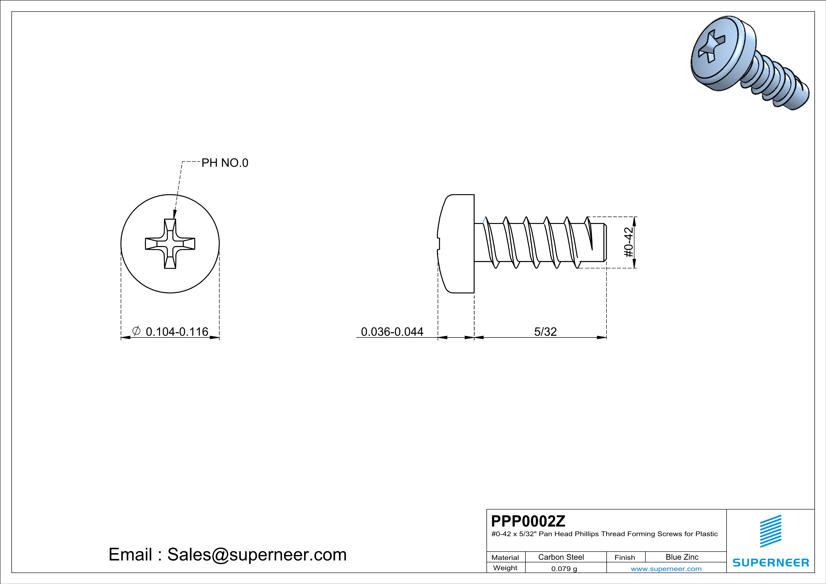 0 &times; 5/32" Pan Head Phillips Thread Forming inch Screws for Plastic  Steel Blue Zinc Plated
