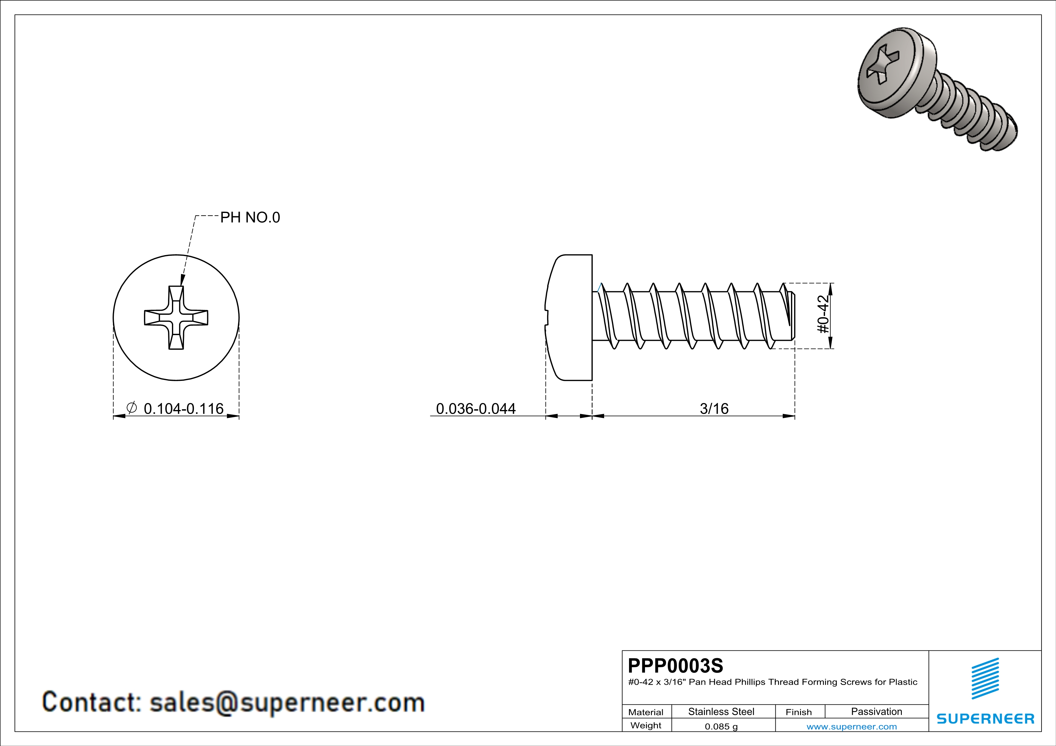 0 &times; 3/16" Pan Head Phillips Thread Forming  inch Screws for Plastic  SUS304 Stainless Steel Inox