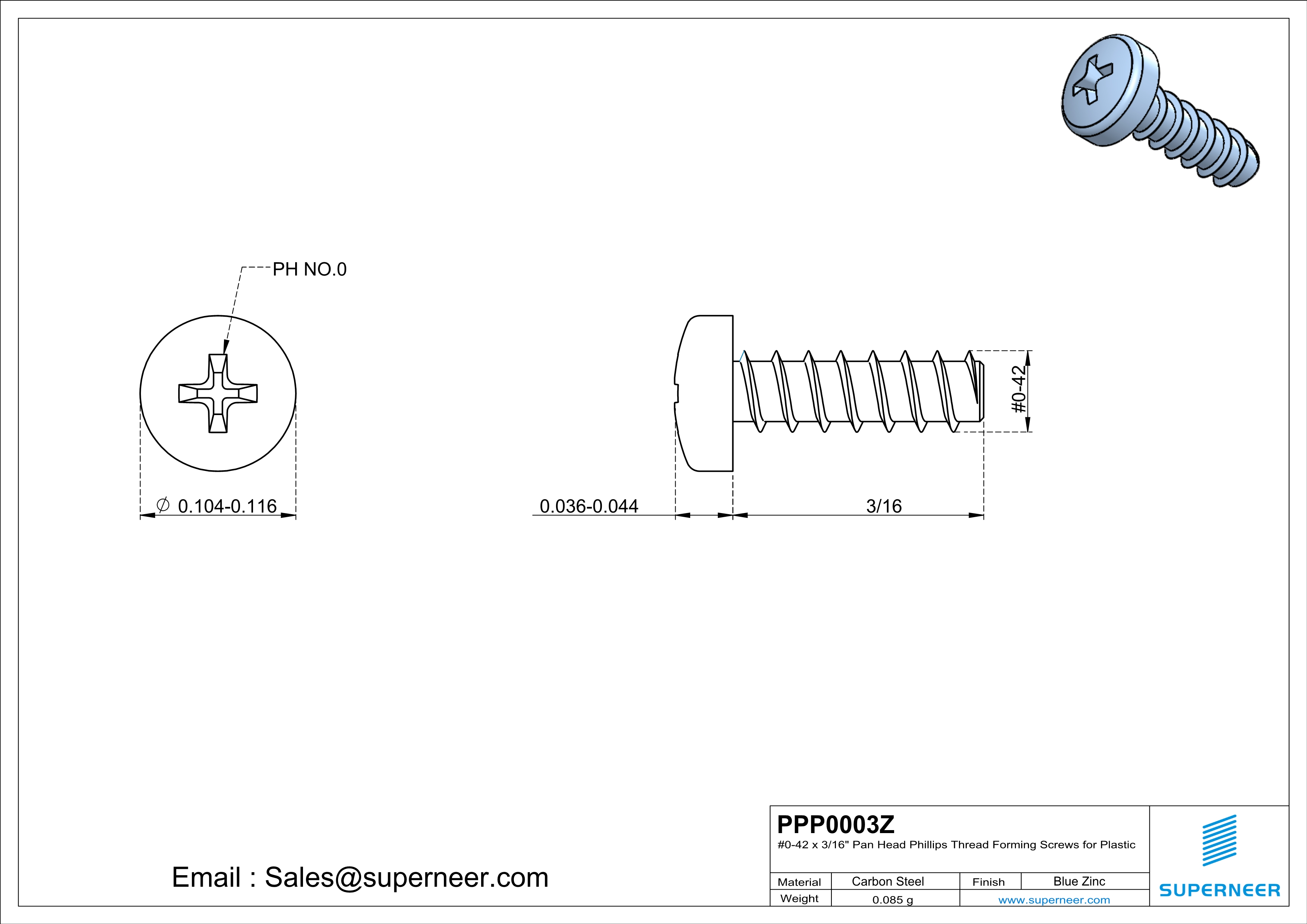 0 &times; 3/16" Pan Head Phillips Thread Forming  inch Screws for Plastic  Steel Blue Zinc Plated