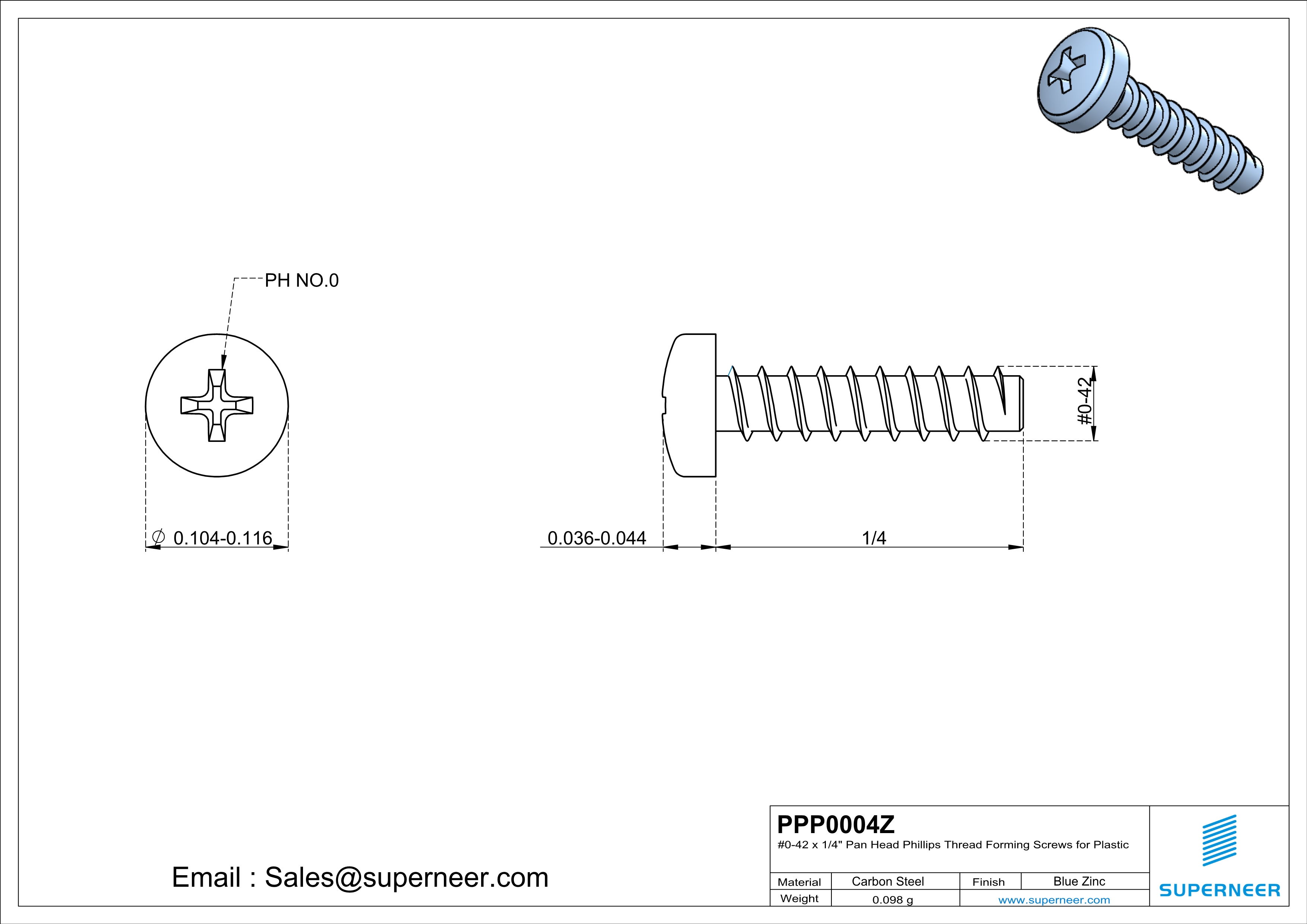 0 &times; 1/4" Pan Head Phillips Thread Forming inch Screws for Plastic  Steel Blue Zinc Plated