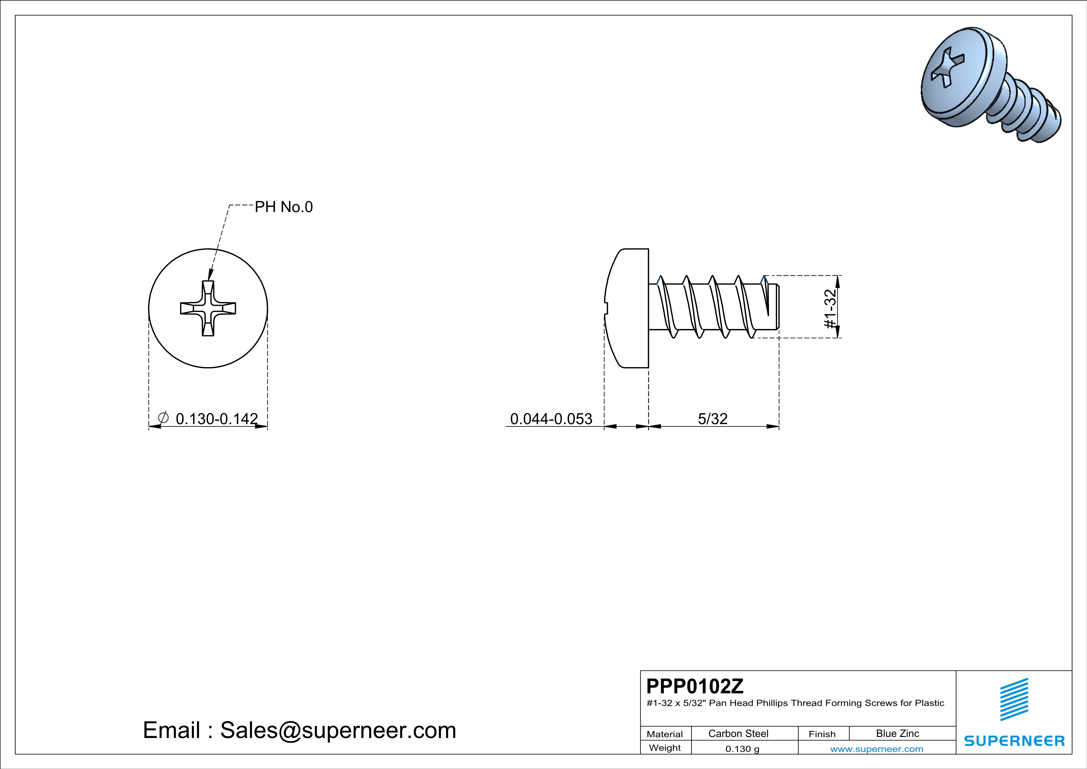 1 &times; 5/32" Pan Head Phillips Thread Forming inch Screws for Plastic  Steel Blue Zinc Plated