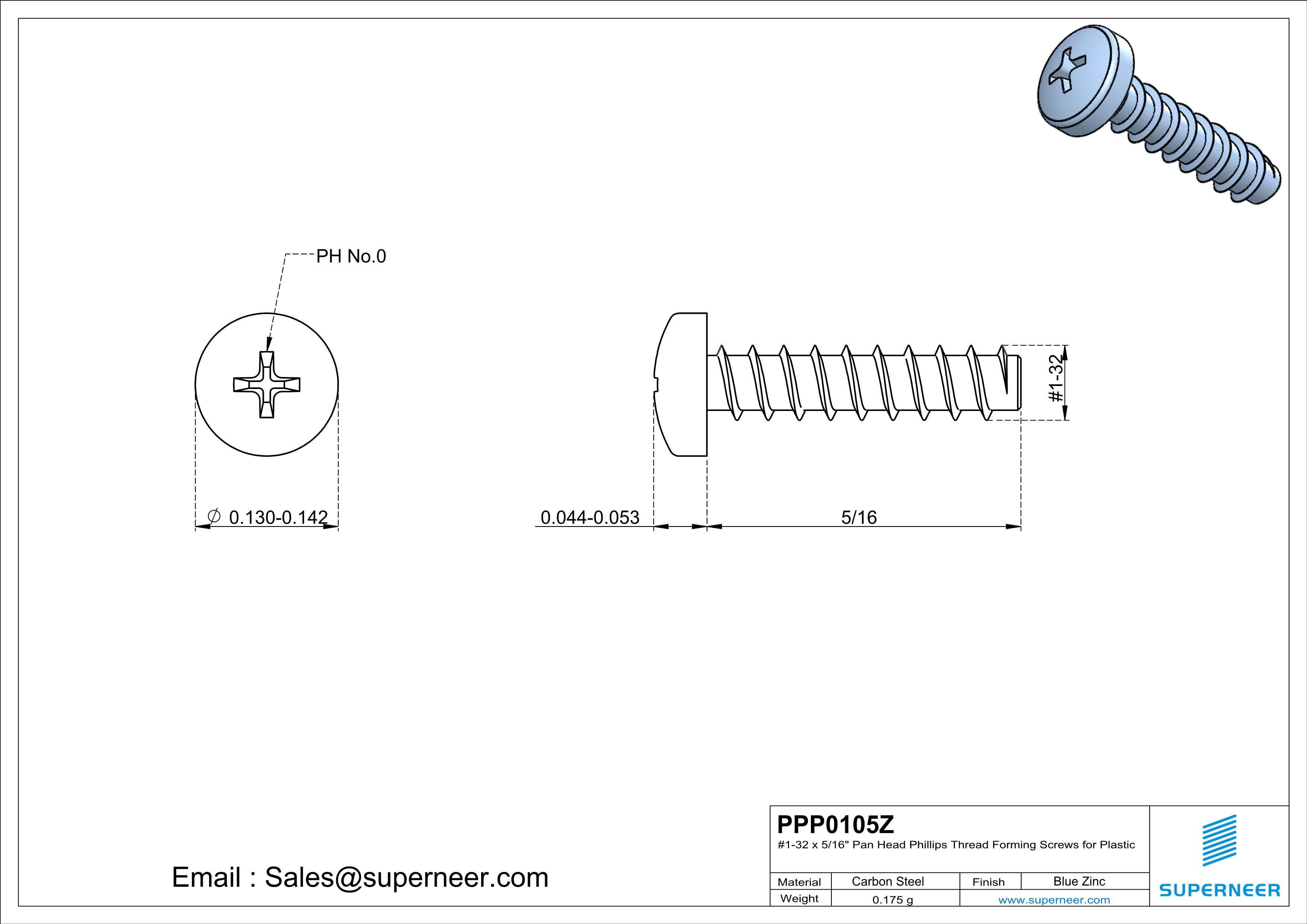 1 &times; 5/16" Pan Head Phillips Thread Forming inch Screws for Plastic  Steel Blue Zinc Plated