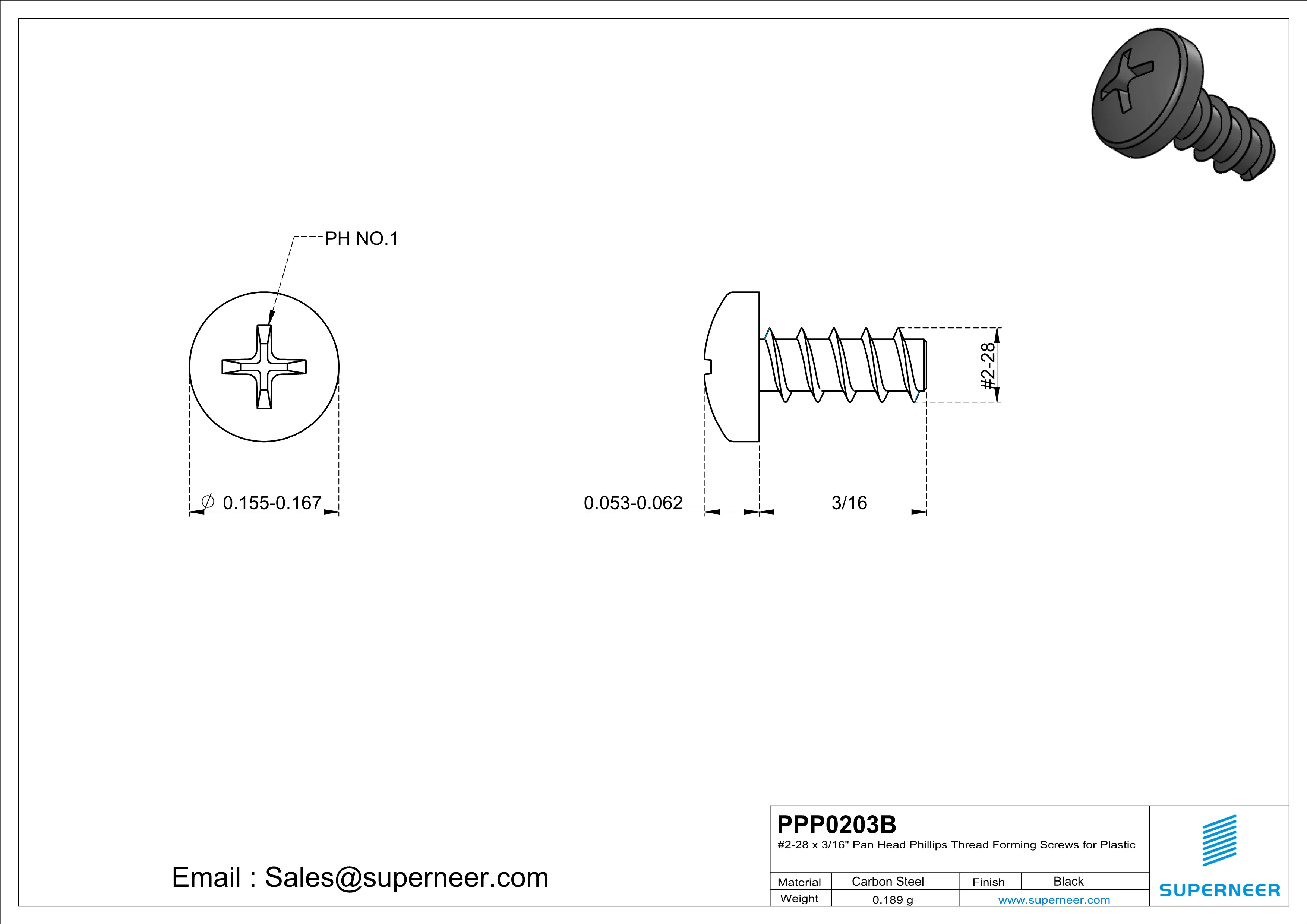 2 &times; 3/16" Pan Head Phillips Thread Forming inch Screws for Plastic  Steel Black