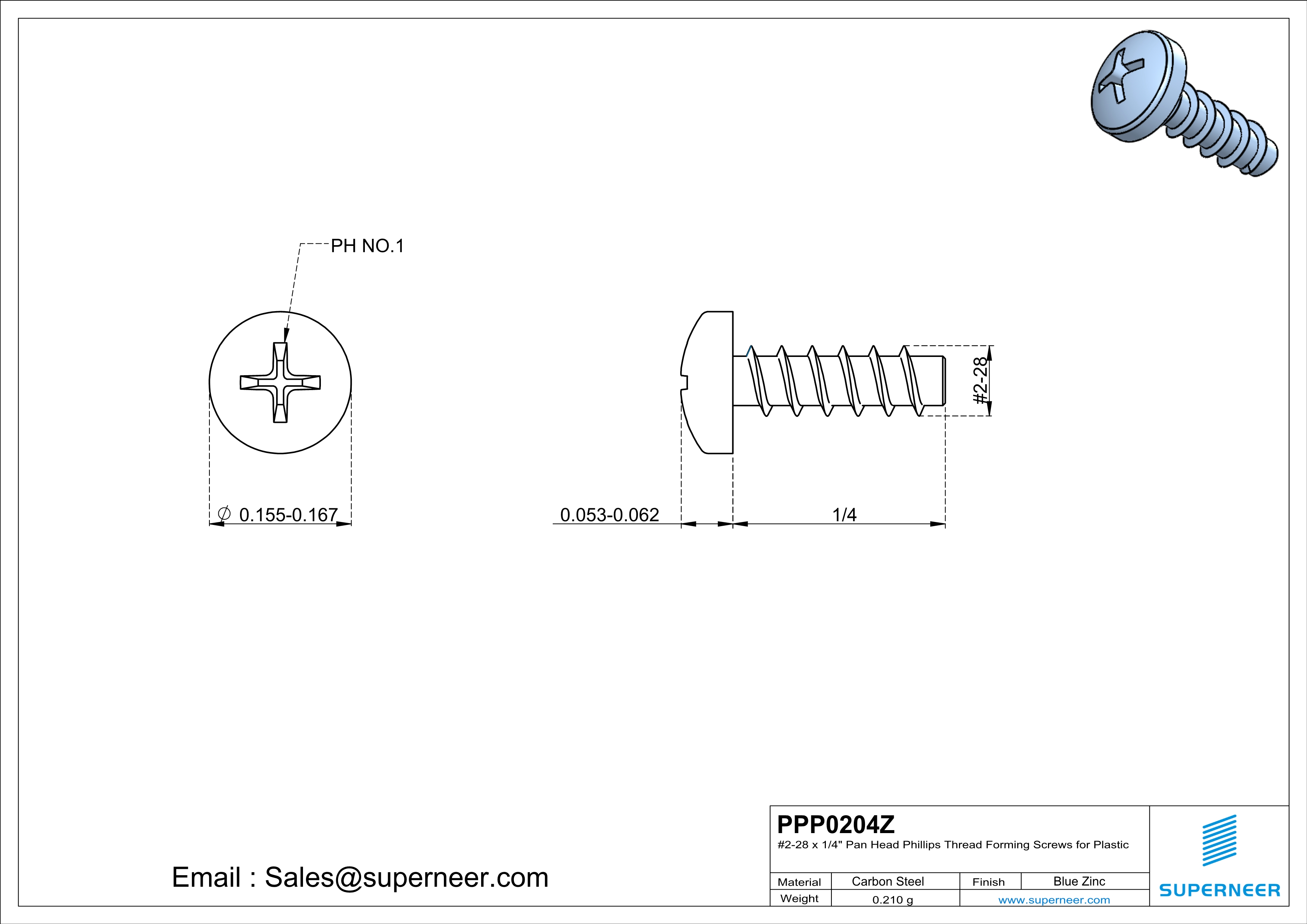 2 &times; 1/4" Pan Head Phillips Thread Forming inch Screws for Plastic  Steel Blue Zinc Plated