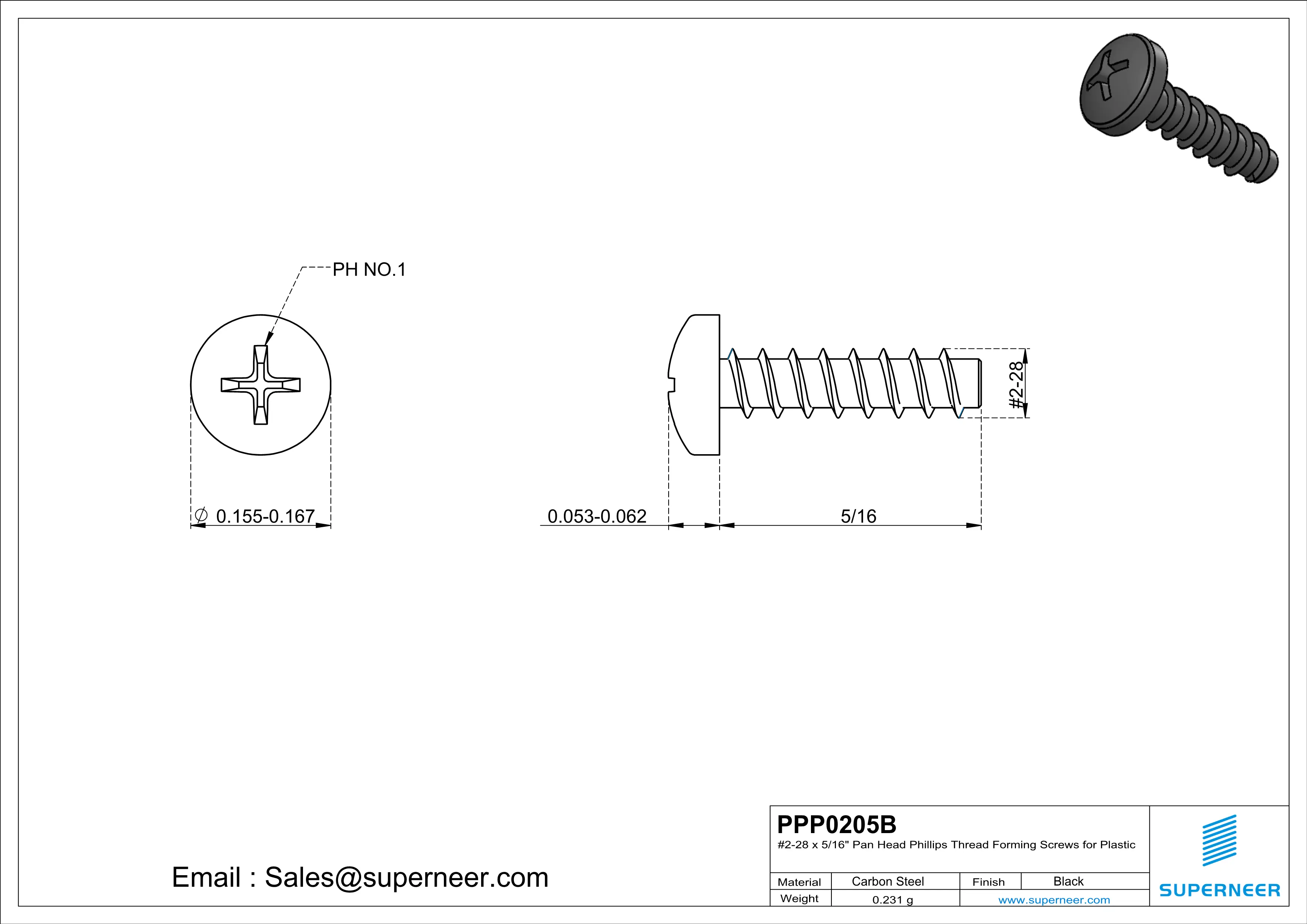 2 &times; 5/16" Pan Head Phillips Thread Forming inch Screws for Plastic  Steel Black