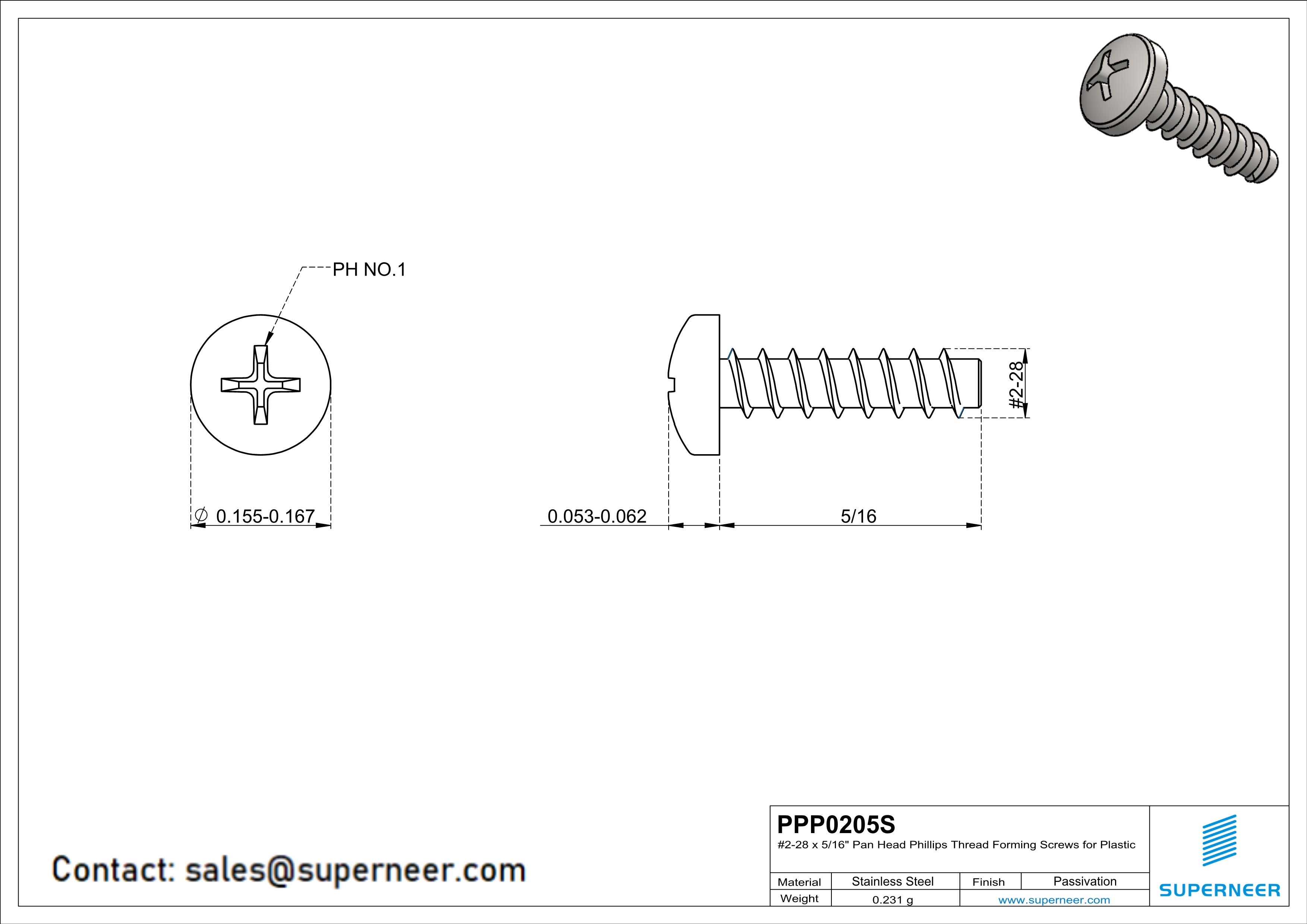 2 &times; 5/16" Pan Head Phillips Thread Forming inch Screws for Plastic  SUS304 Stainless Steel Inox