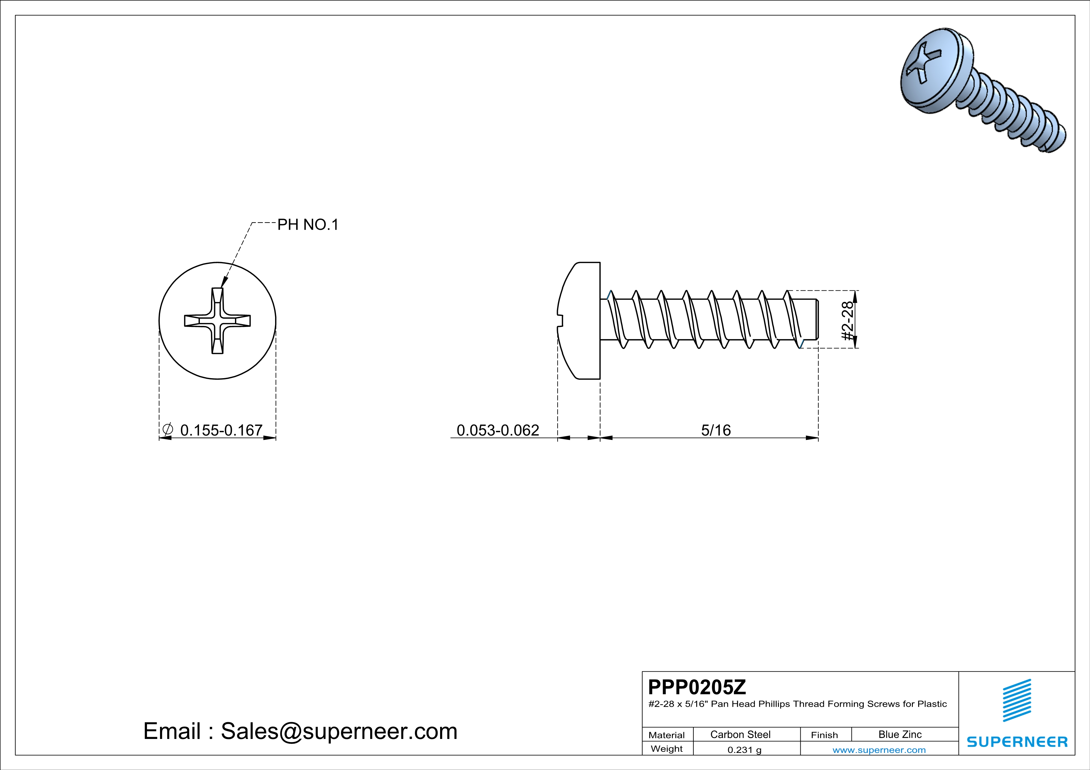2 &times; 5/16" Pan Head Phillips Thread Forming inch Screws for Plastic  Steel Blue Zinc Plated