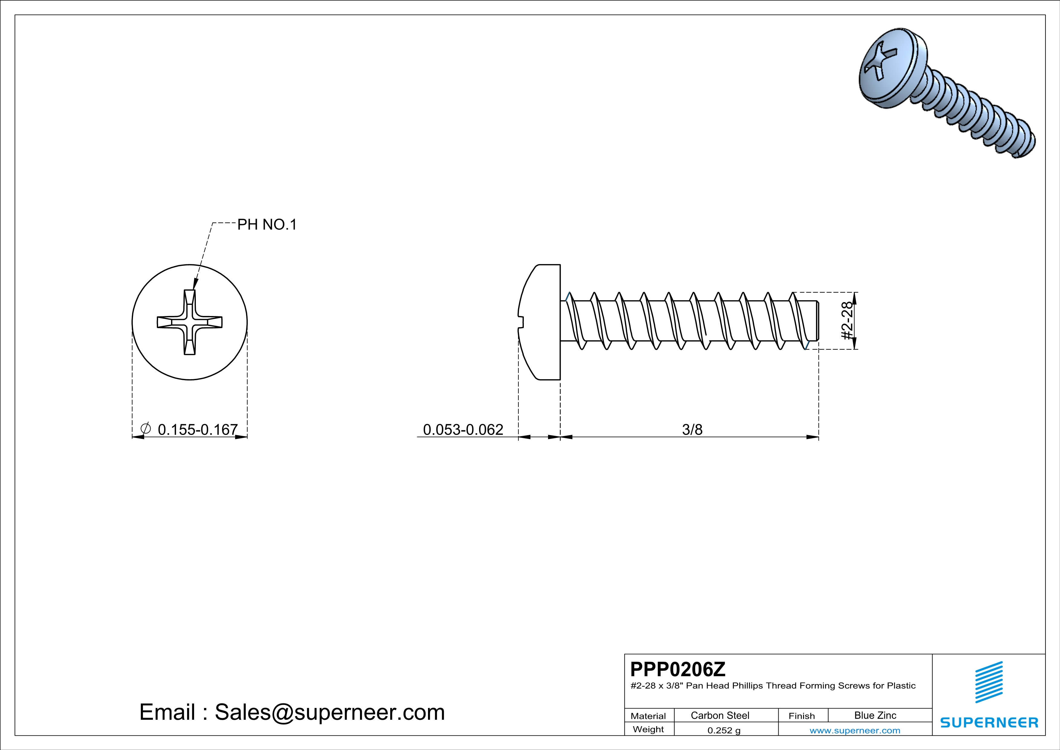 2 &times; 3/8" Pan Head Phillips Thread Forming inch Screws for Plastic  Steel Blue Zinc Plated