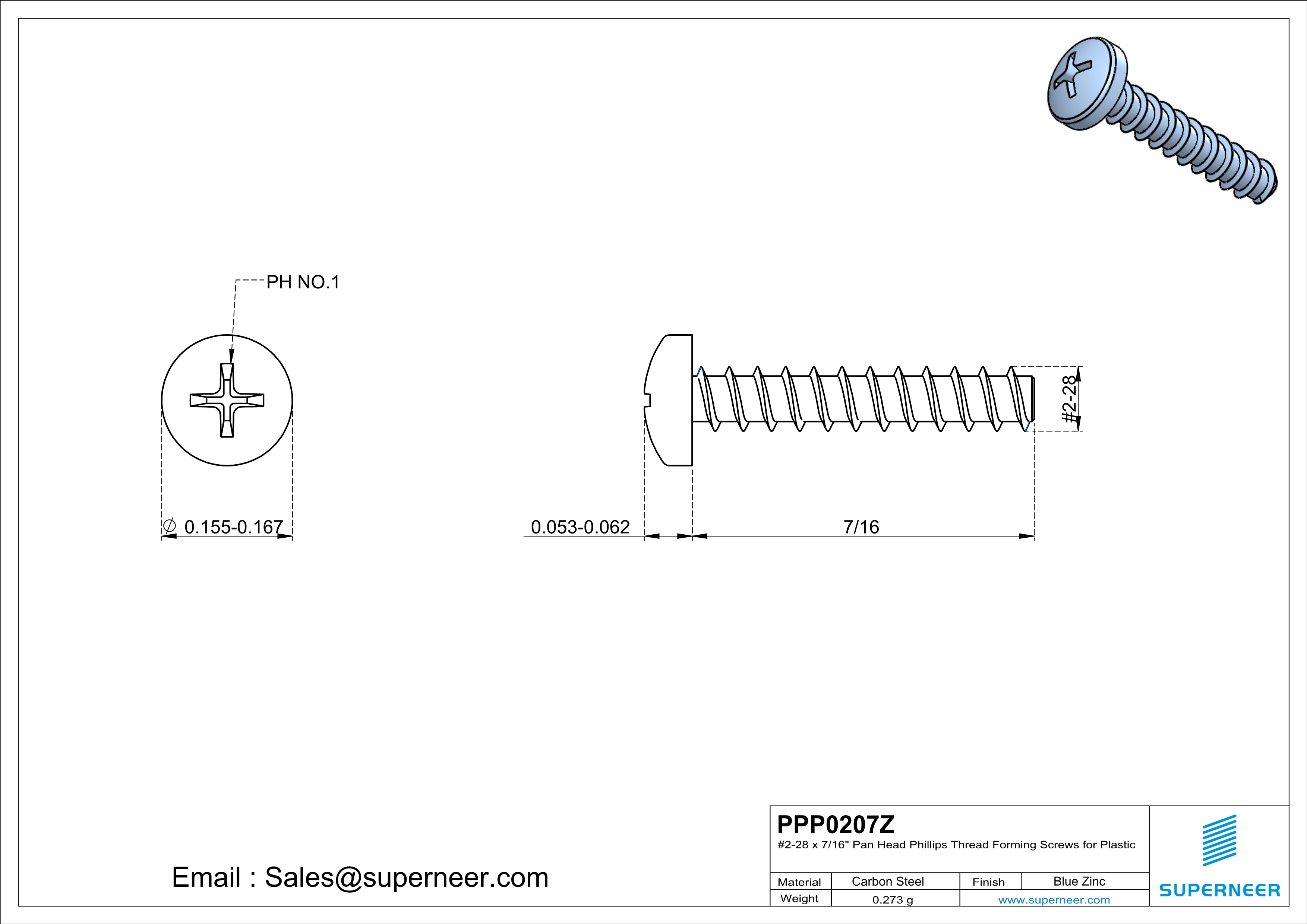 2 &times; 7/16" Pan Head Phillips Thread Forming inch Screws for Plastic  Steel Blue Zinc Plated