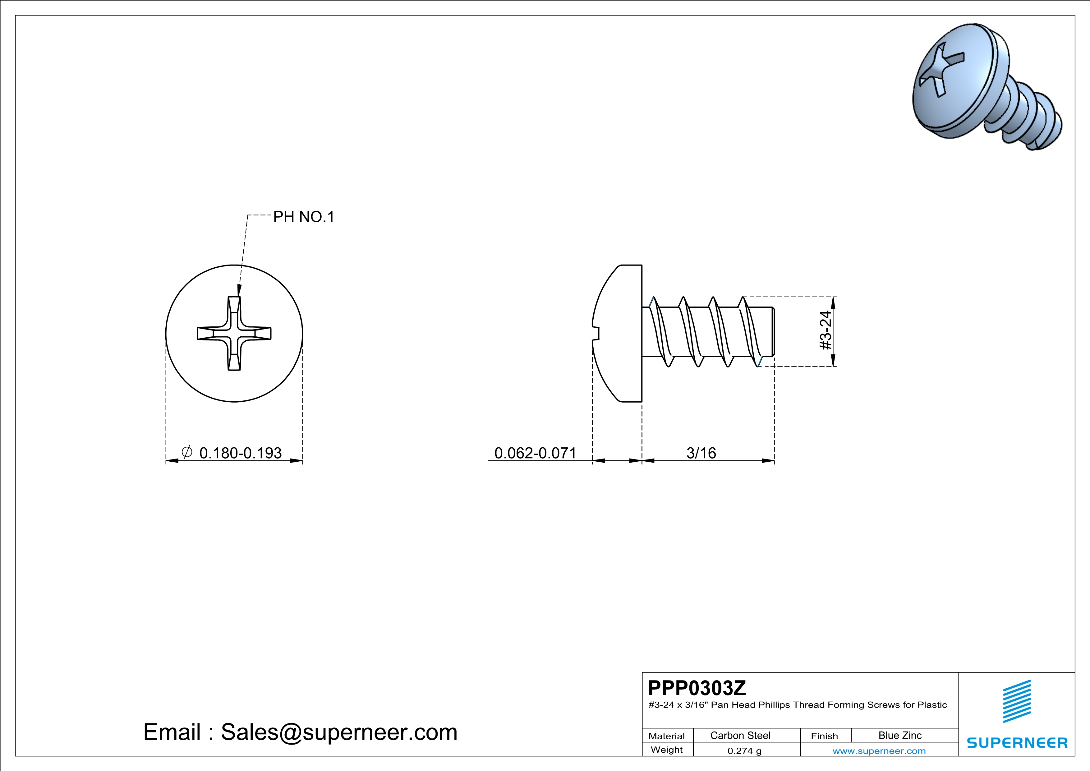 3 &times; 3/16" Pan Head Phillips Thread Forming inch Screws for Plastic  Steel Blue Zinc Plated