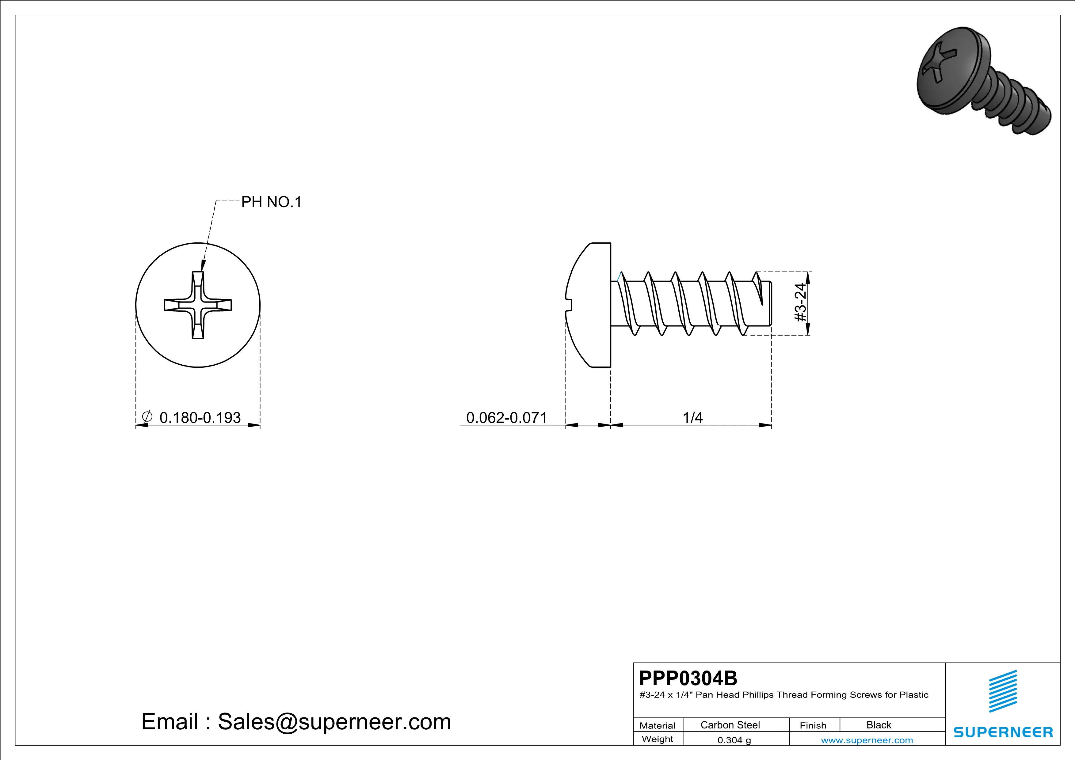 3 &times; 1/4" Pan Head Phillips Thread Forming inch Screws for Plastic  Steel Black