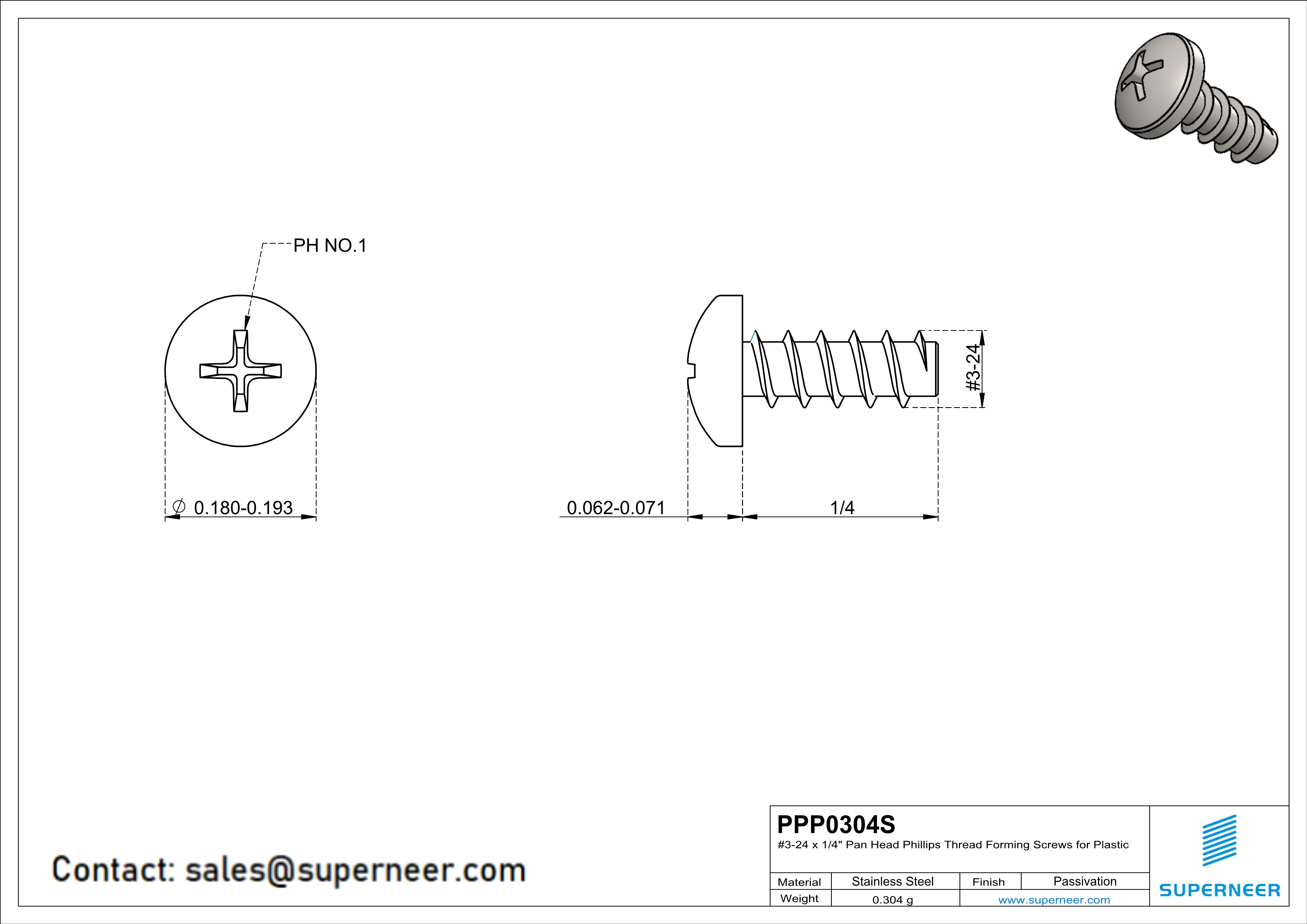 3 &times; 1/4" Pan Head Phillips Thread Forming inch Screws for Plastic  SUS304 Stainless Steel Inox
