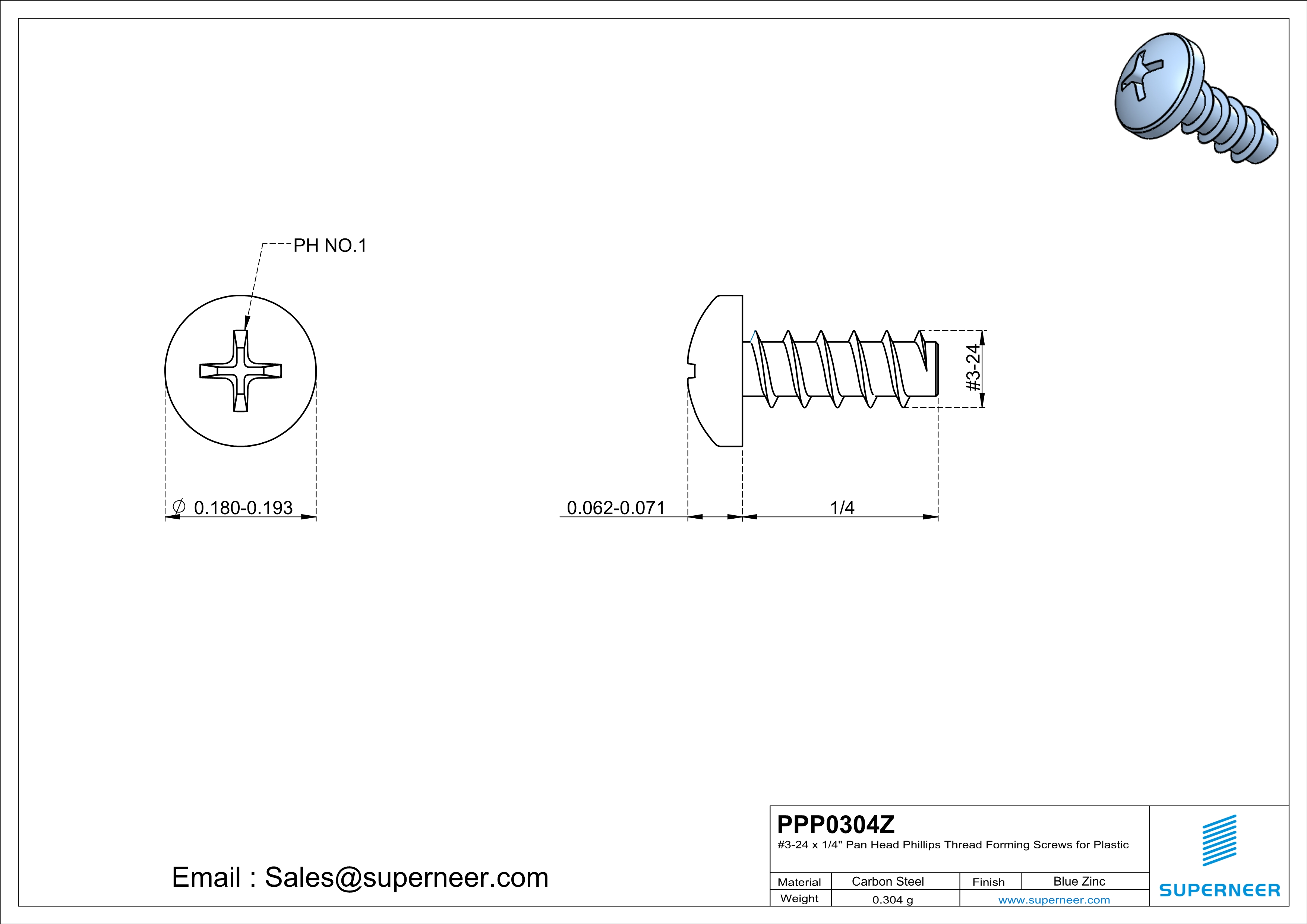 3 &times; 1/4" Pan Head Phillips Thread Forming inch Screws for Plastic  Steel Blue Zinc Plated