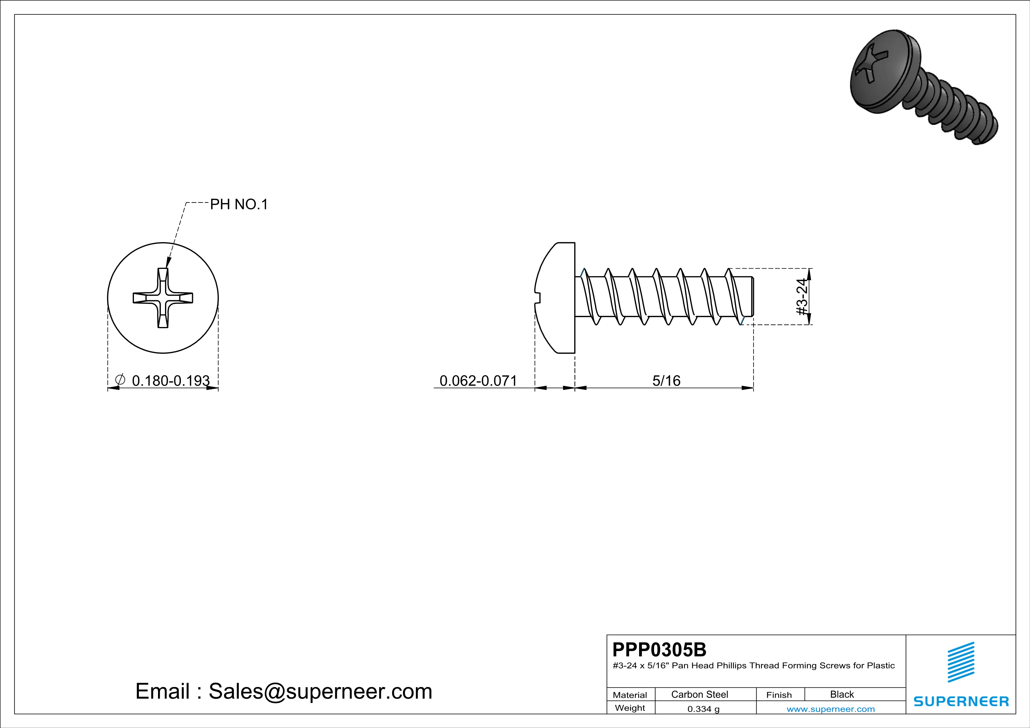 3 &times; 5/16" Pan Head Phillips Thread Forming inch Screws for Plastic  Steel Black