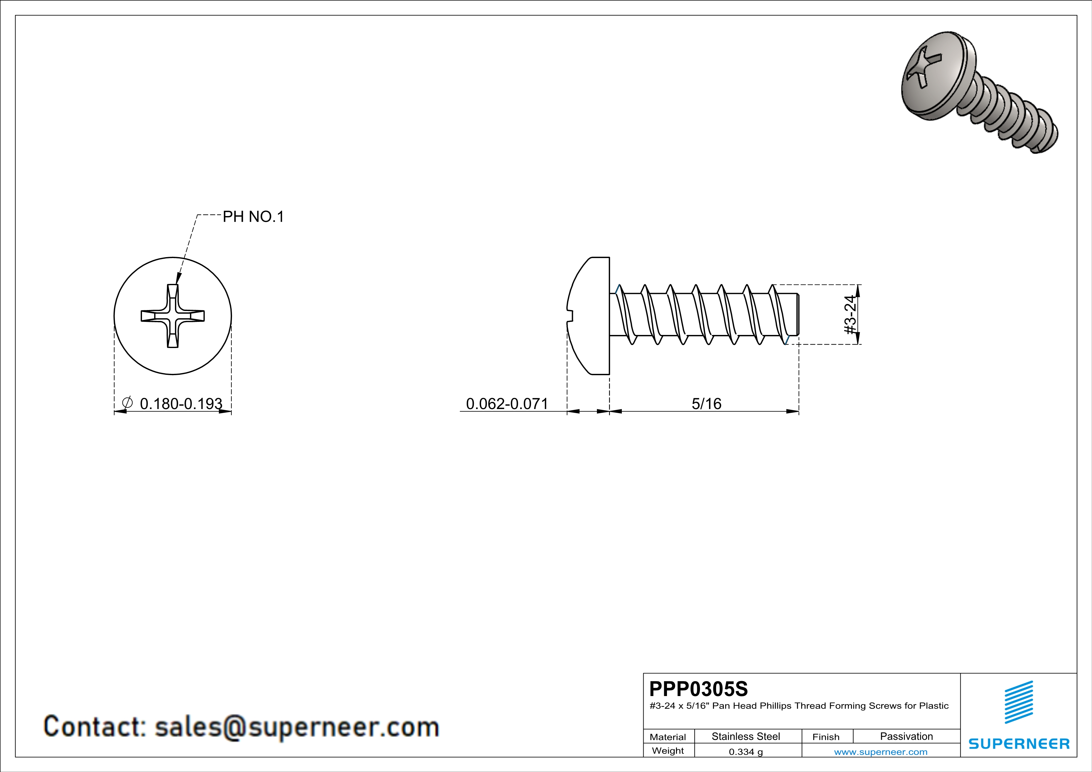 3 &times; 5/16" Pan Head Phillips Thread Forming inch Screws for Plastic  SUS304 Stainless Steel Inox