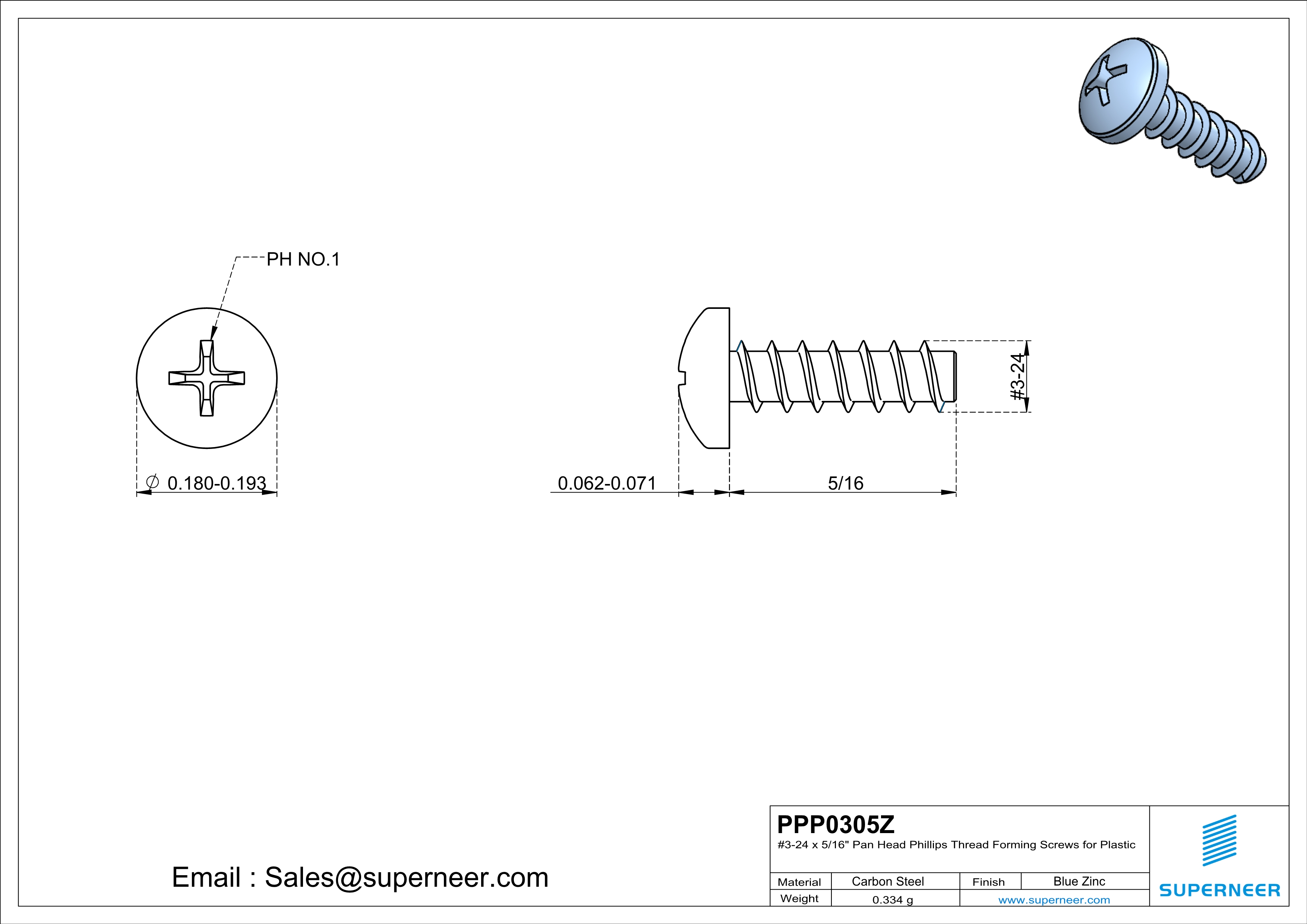 3 &times; 5/16" Pan Head Phillips Thread Forming inch Screws for Plastic  Steel Blue Zinc Plated