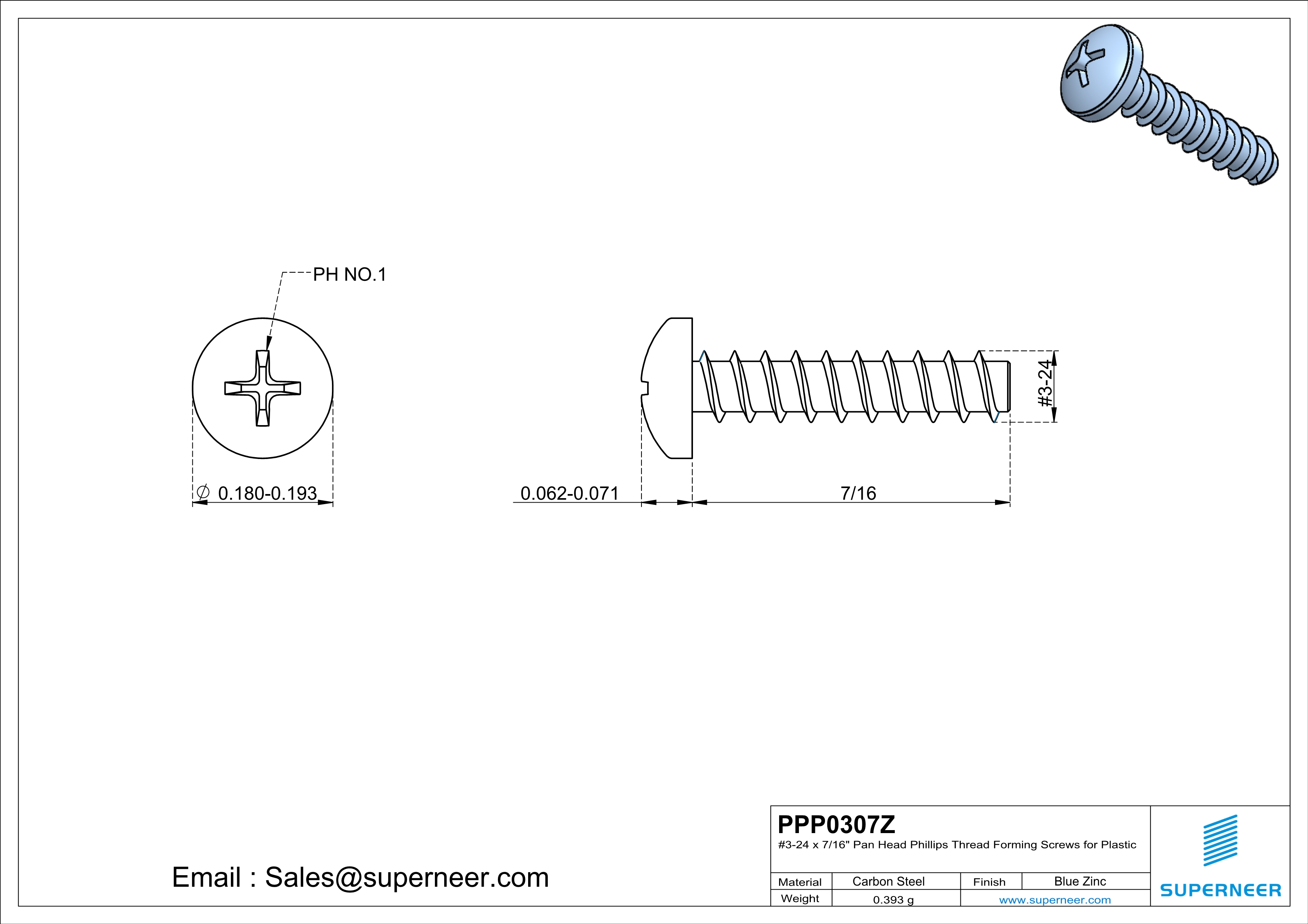 3 &times; 7/16" Pan Head Phillips Thread Forming inch Screws for Plastic  Steel Blue Zinc Plated