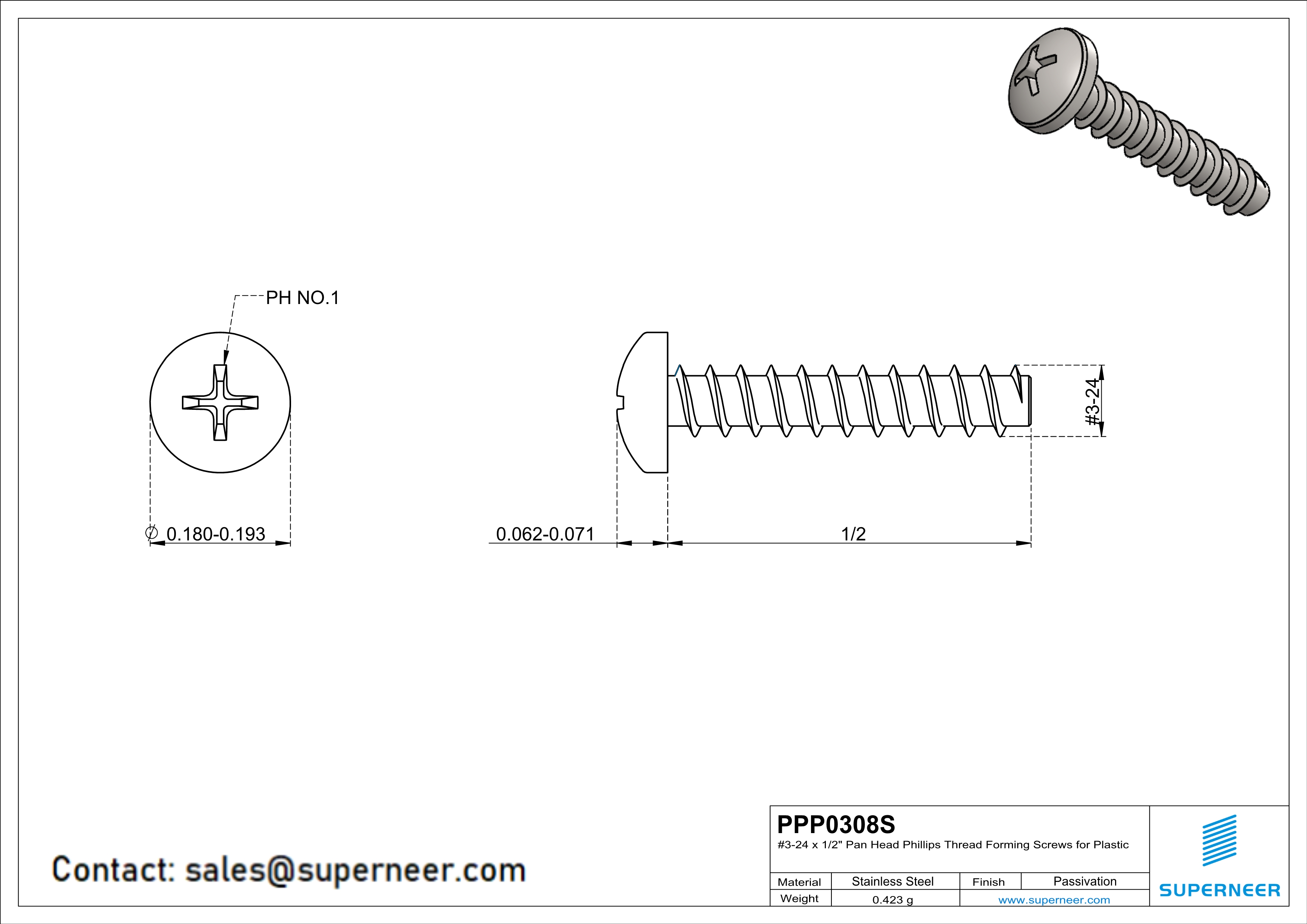 3 &times; 1/2" Pan Head Phillips Thread Forming inch Screws for Plastic  SUS304 Stainless Steel Inox