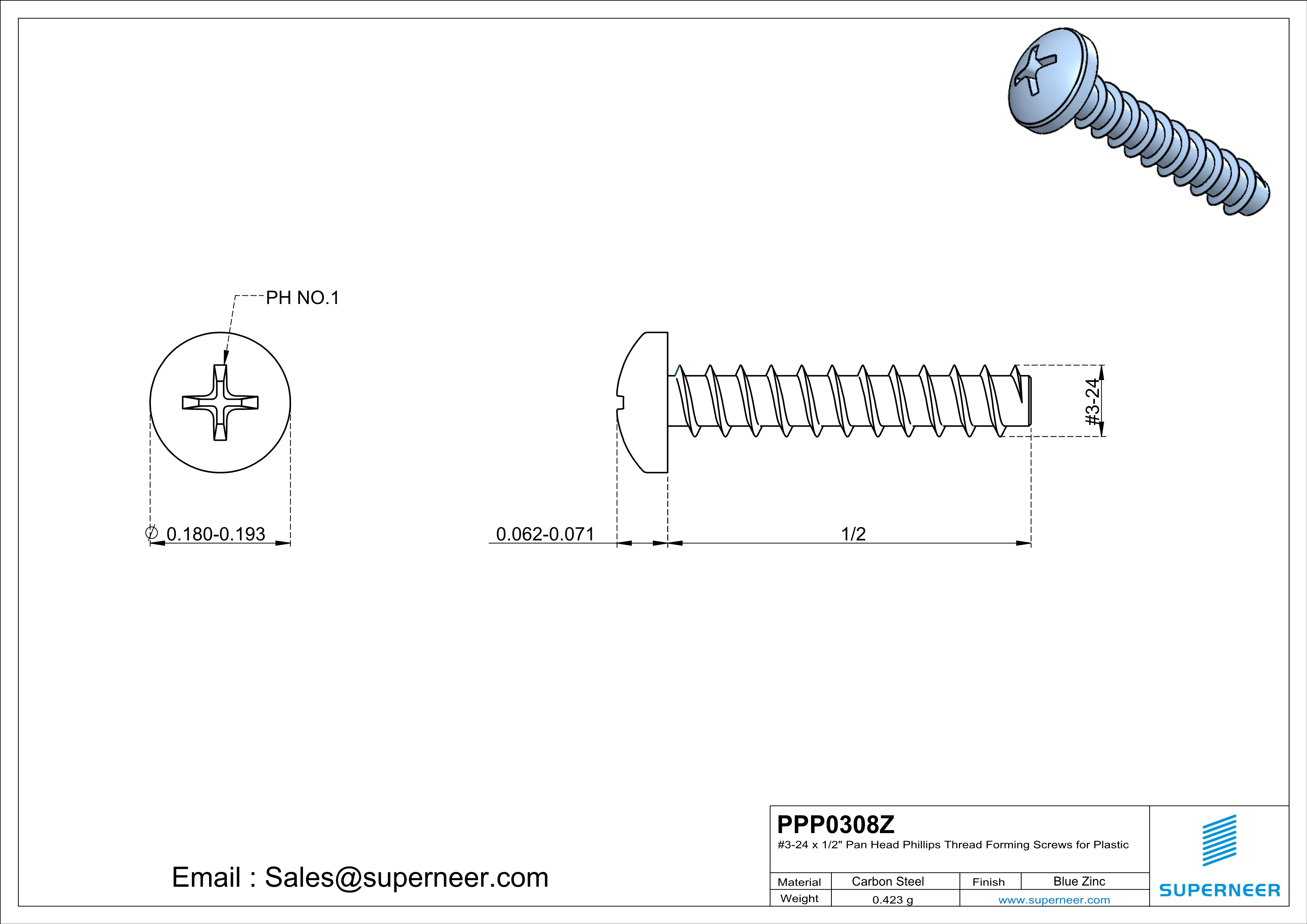 3 &times; 1/2" Pan Head Phillips Thread Forming inch Screws for Plastic  Steel Blue Zinc Plated