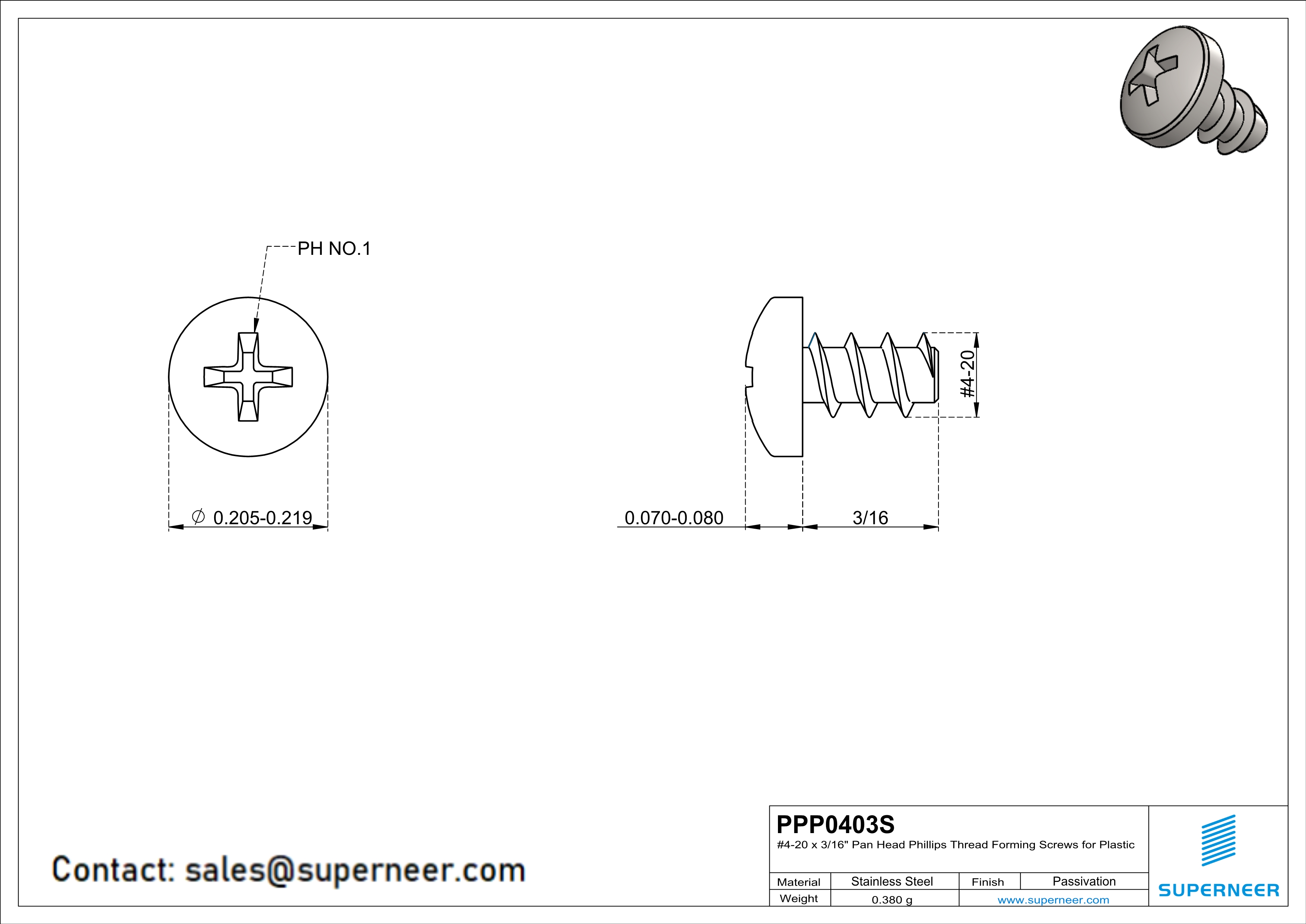4 &times; 3/16" Pan Head Phillips Thread Forming inch Screws for Plastic  SUS304 Stainless Steel Inox