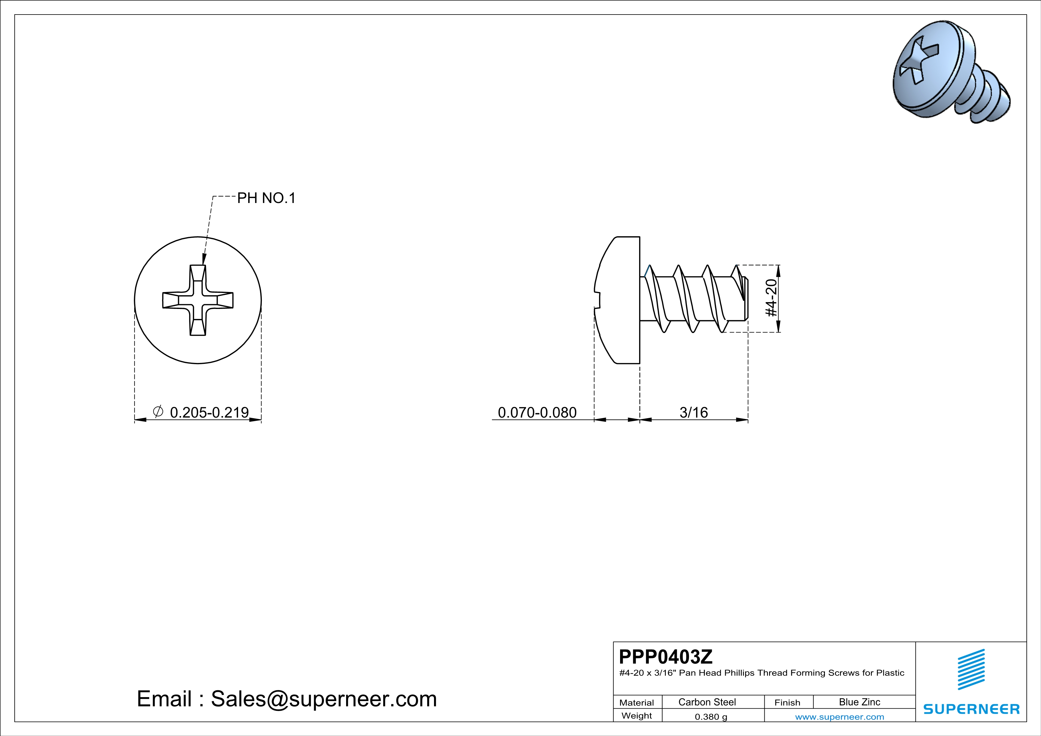 4 &times; 3/16" Pan Head Phillips Thread Forming inch Screws for Plastic  Steel Blue Zinc Plated