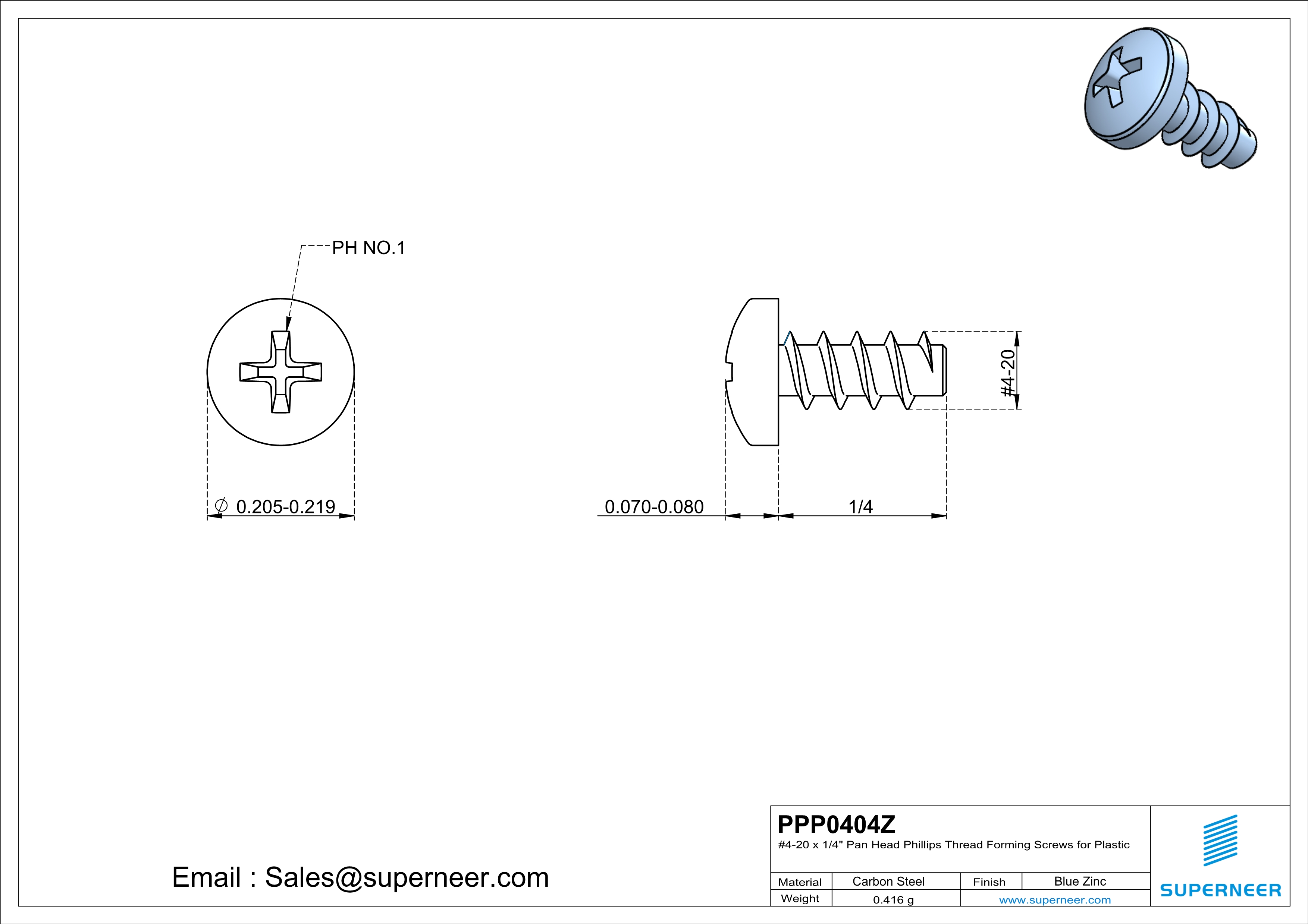 4 &times; 1/4" Pan Head Phillips Thread Forming inch Screws for Plastic  Steel Blue Zinc Plated