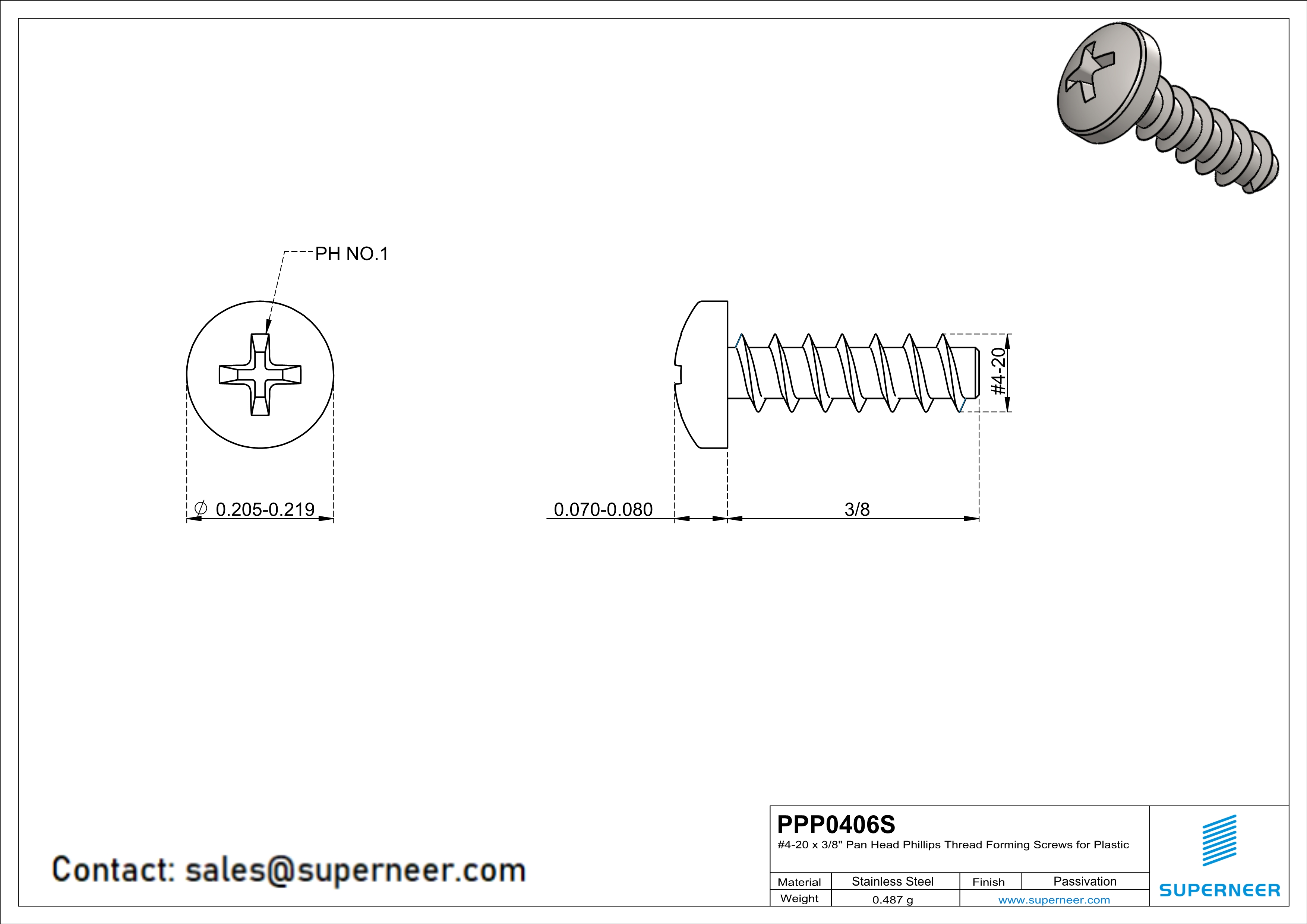 4 &times; 3/8" Pan Head Phillips Thread Forming inch Screws for Plastic  SUS304 Stainless Steel Inox