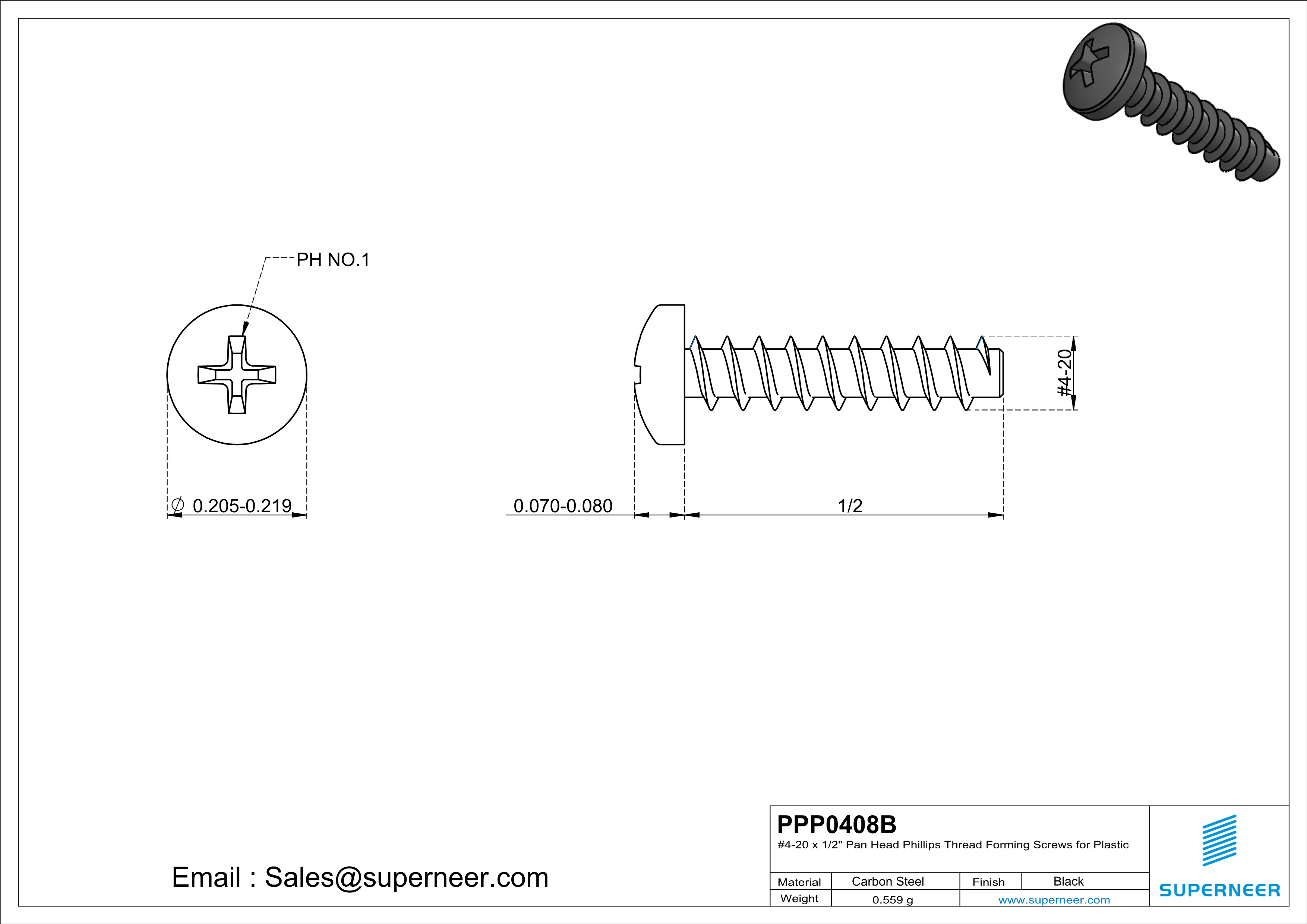 4 &times; 1/2" Pan Head Phillips Thread Forming inch Screws for Plastic  Steel Black