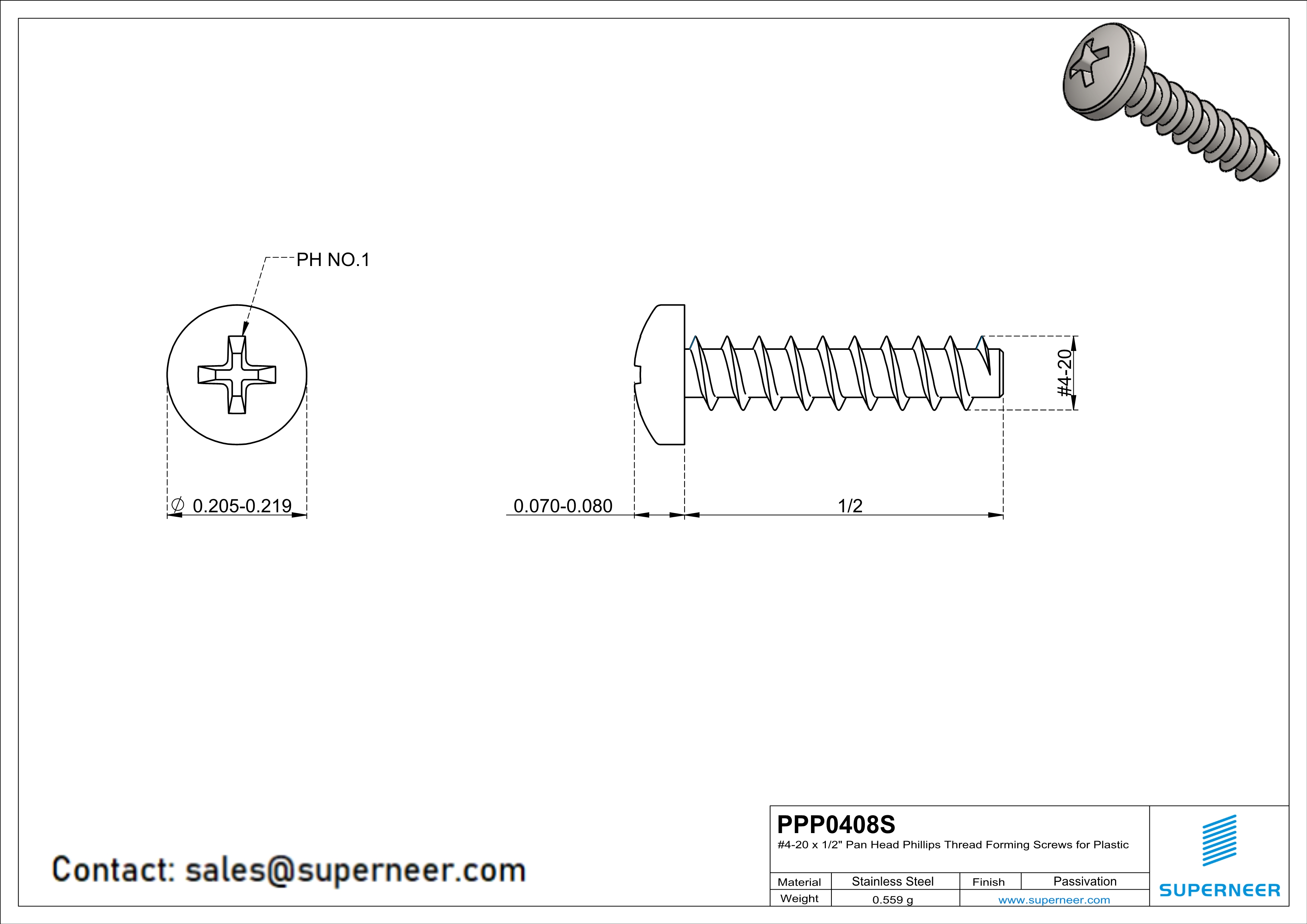 4 &times; 1/2" Pan Head Phillips Thread Forming inch Screws for Plastic  SUS304 Stainless Steel Inox