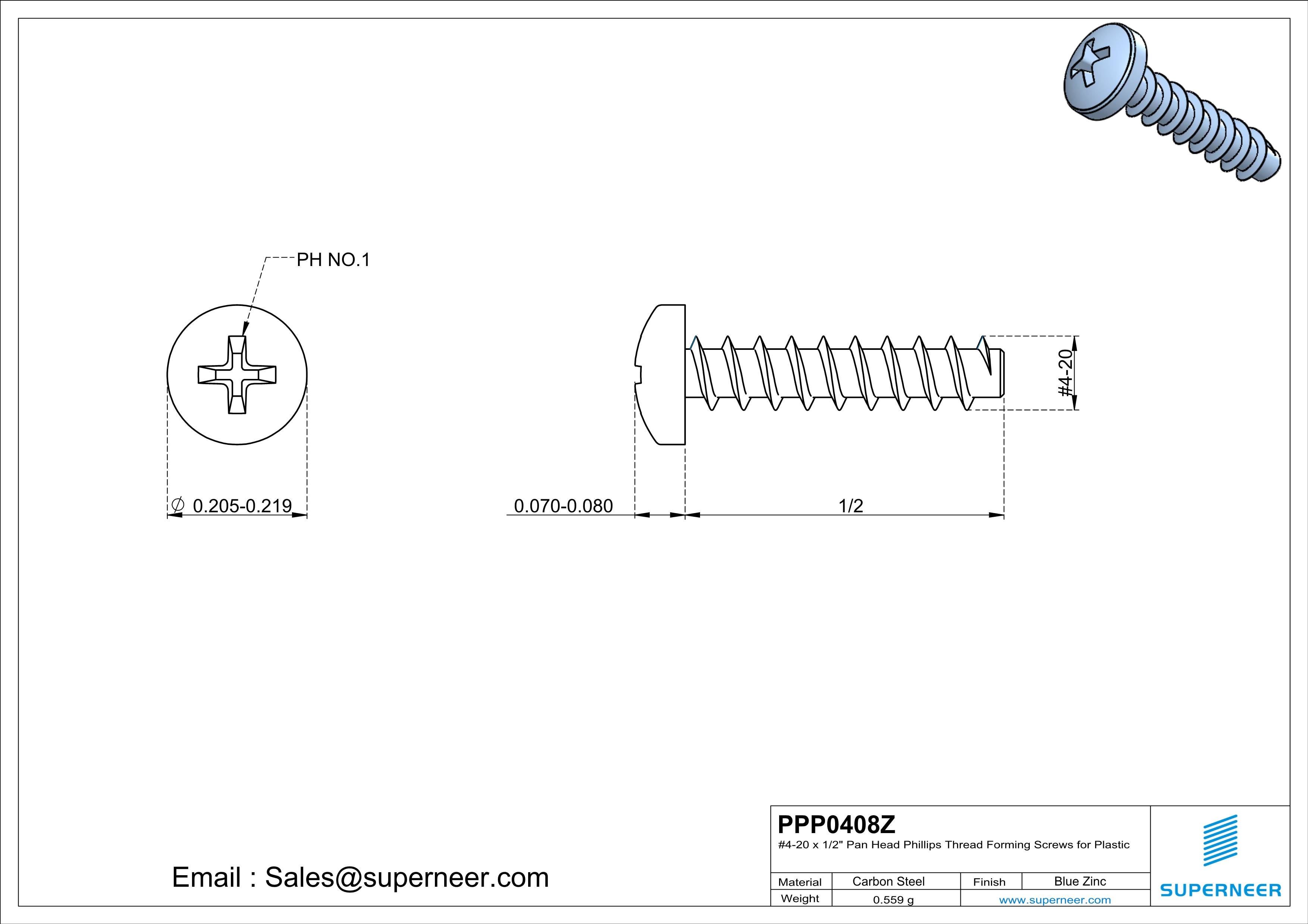 4 &times; 1/2" Pan Head Phillips Thread Forming inch Screws for Plastic  Steel Blue Zinc Plated
