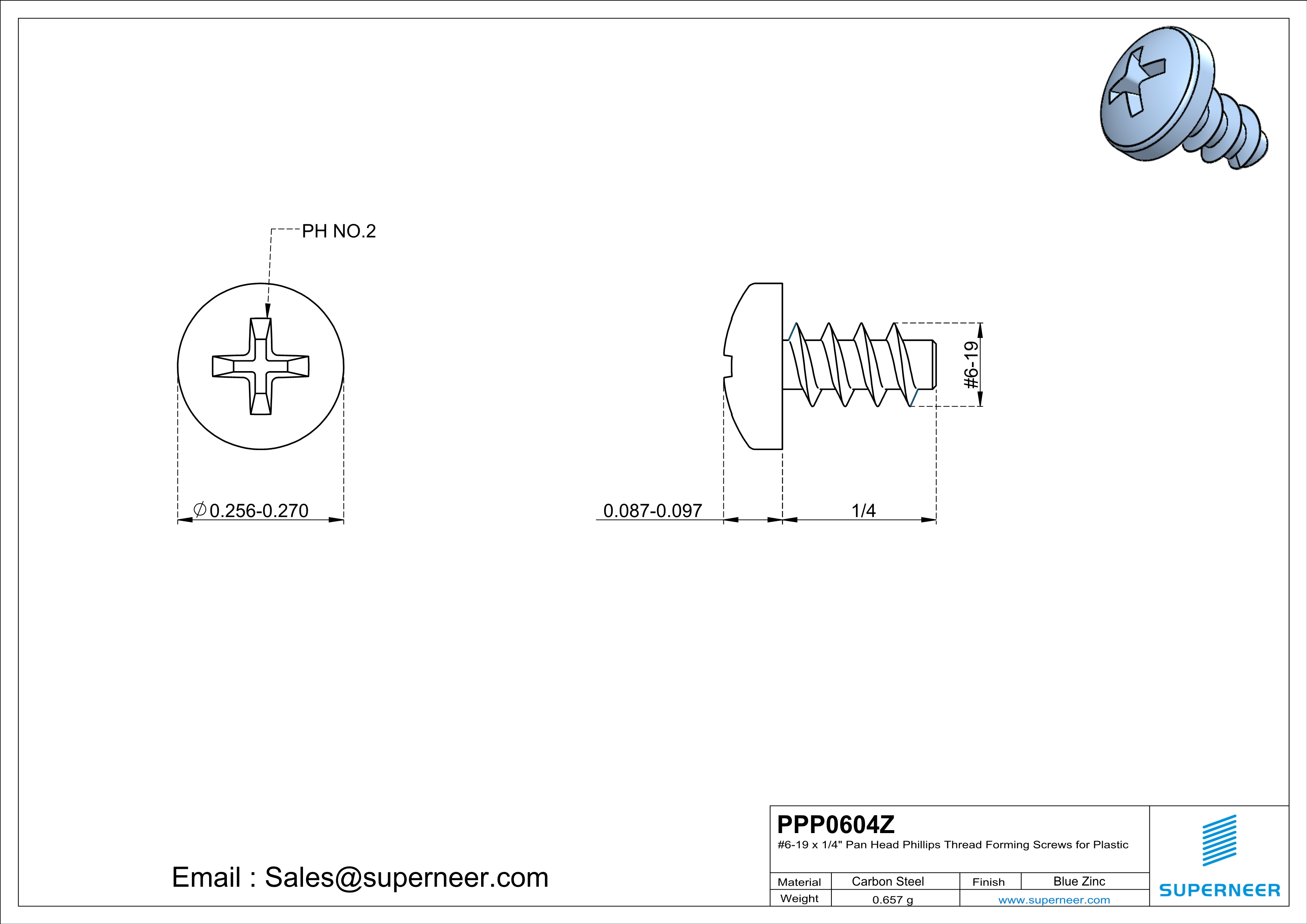 6 &times; 1/4" Pan Head Phillips Thread Forming inch Screws for Plastic  Steel Blue Zinc Plated