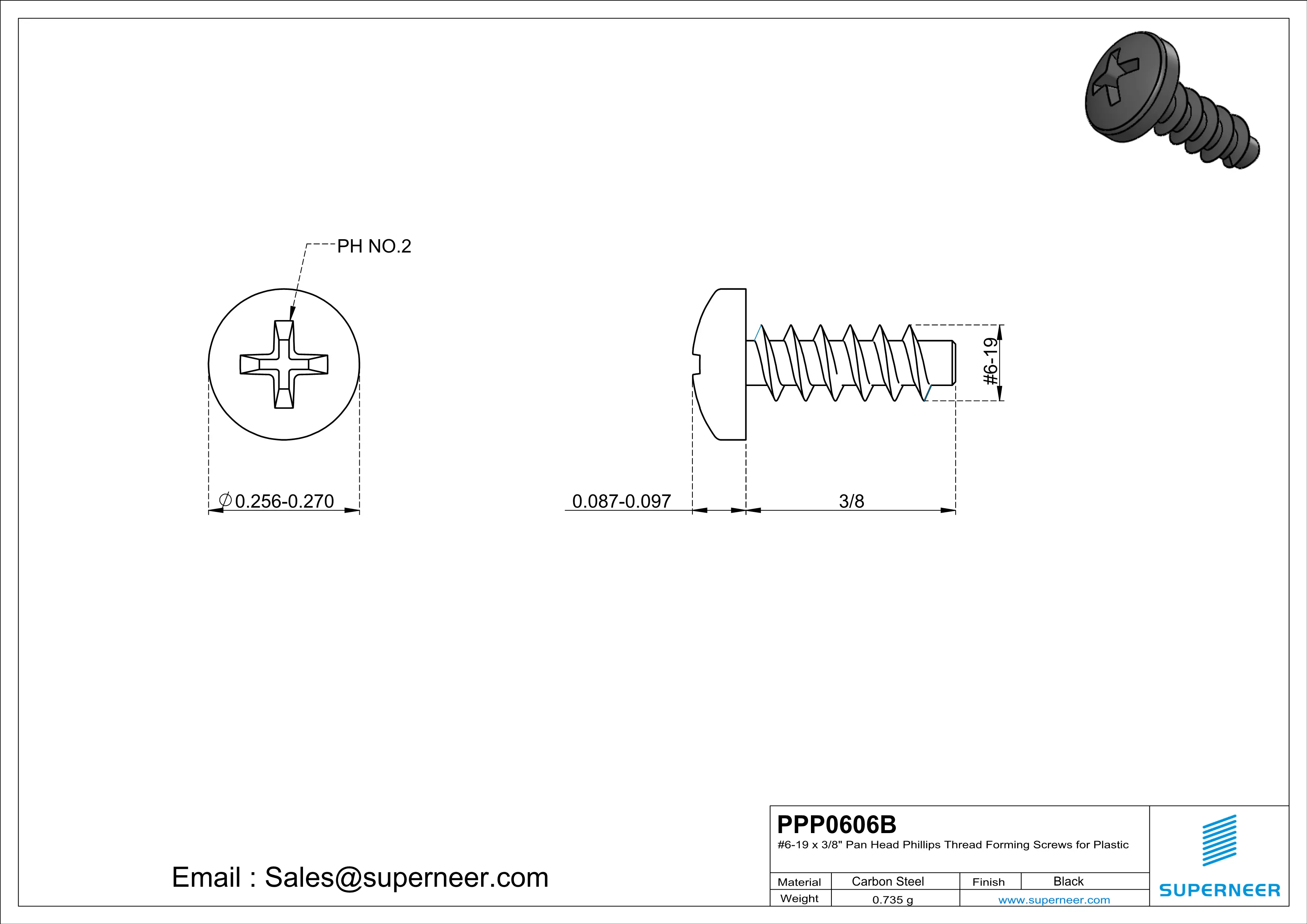 6 &times; 3/8" Pan Head Phillips Thread Forming inch Screws for Plastic  Steel Black