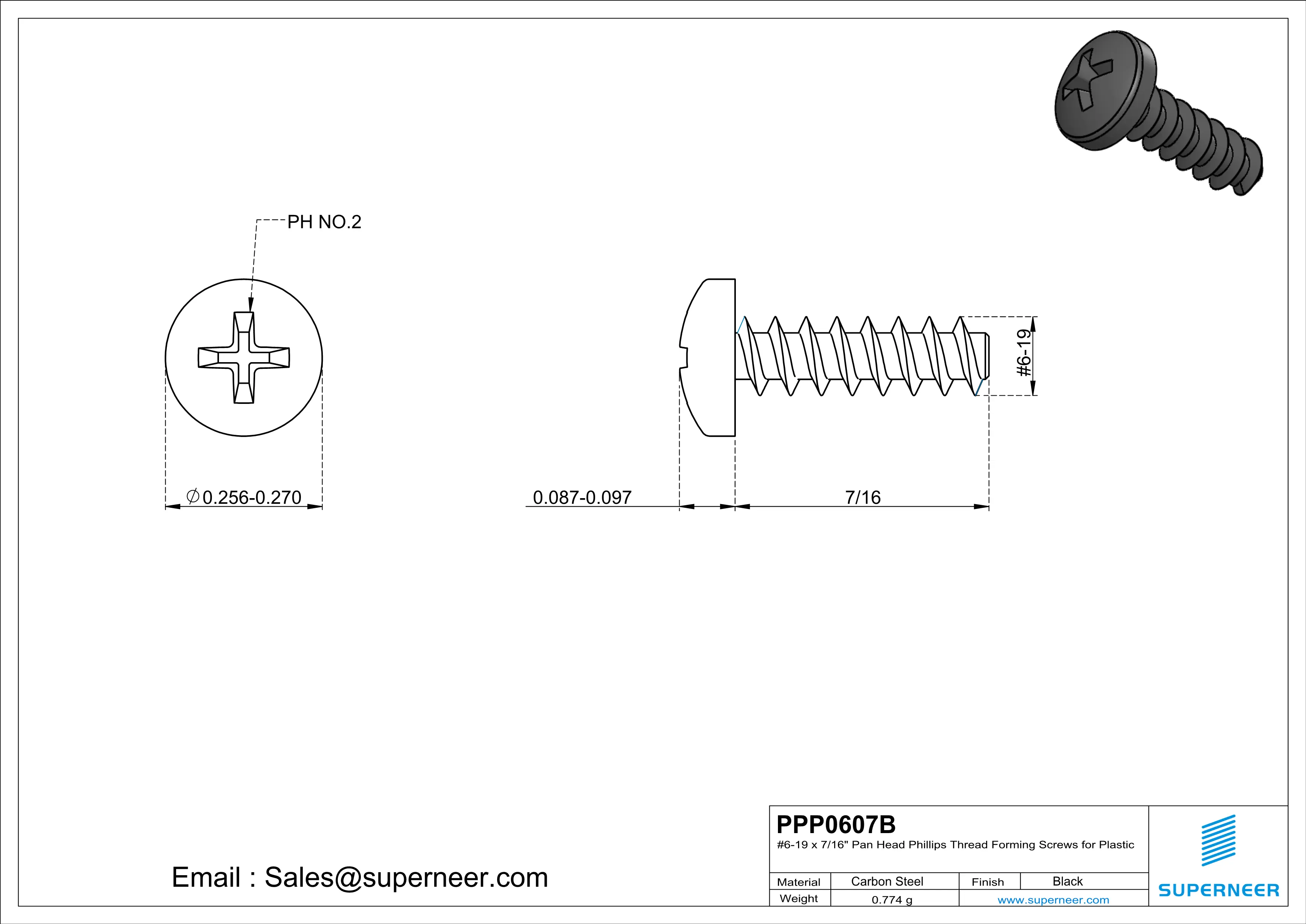 6 &times; 7/16" Pan Head Phillips Thread Forming inch Screws for Plastic  Steel Black