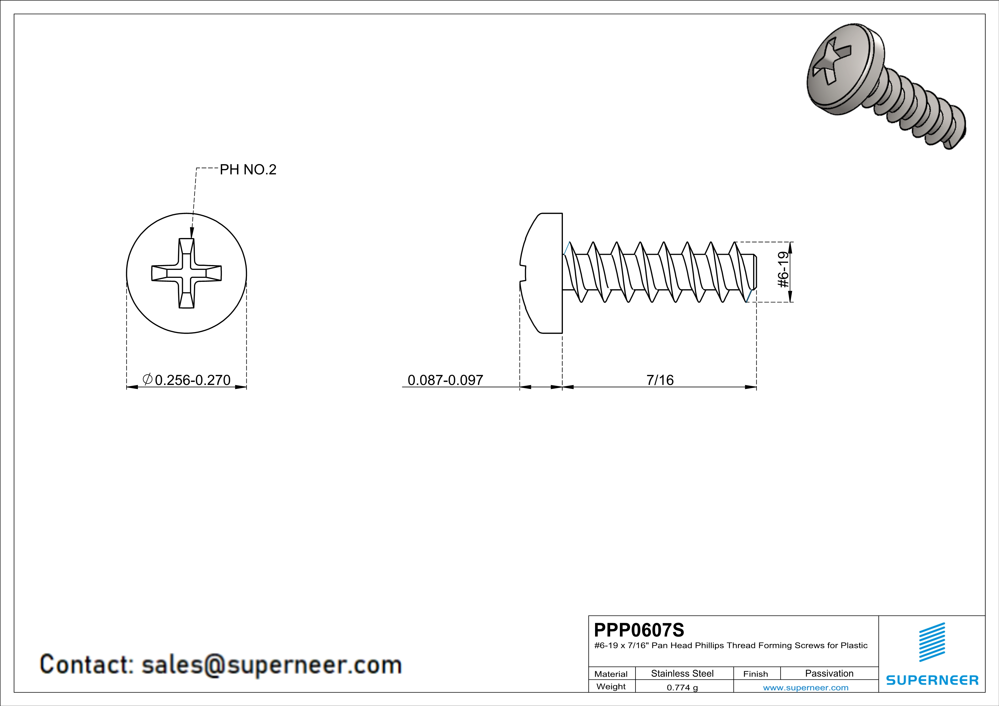 6 &times; 7/16" Pan Head Phillips Thread Forming inch Screws for Plastic  SUS304 Stainless Steel Inox