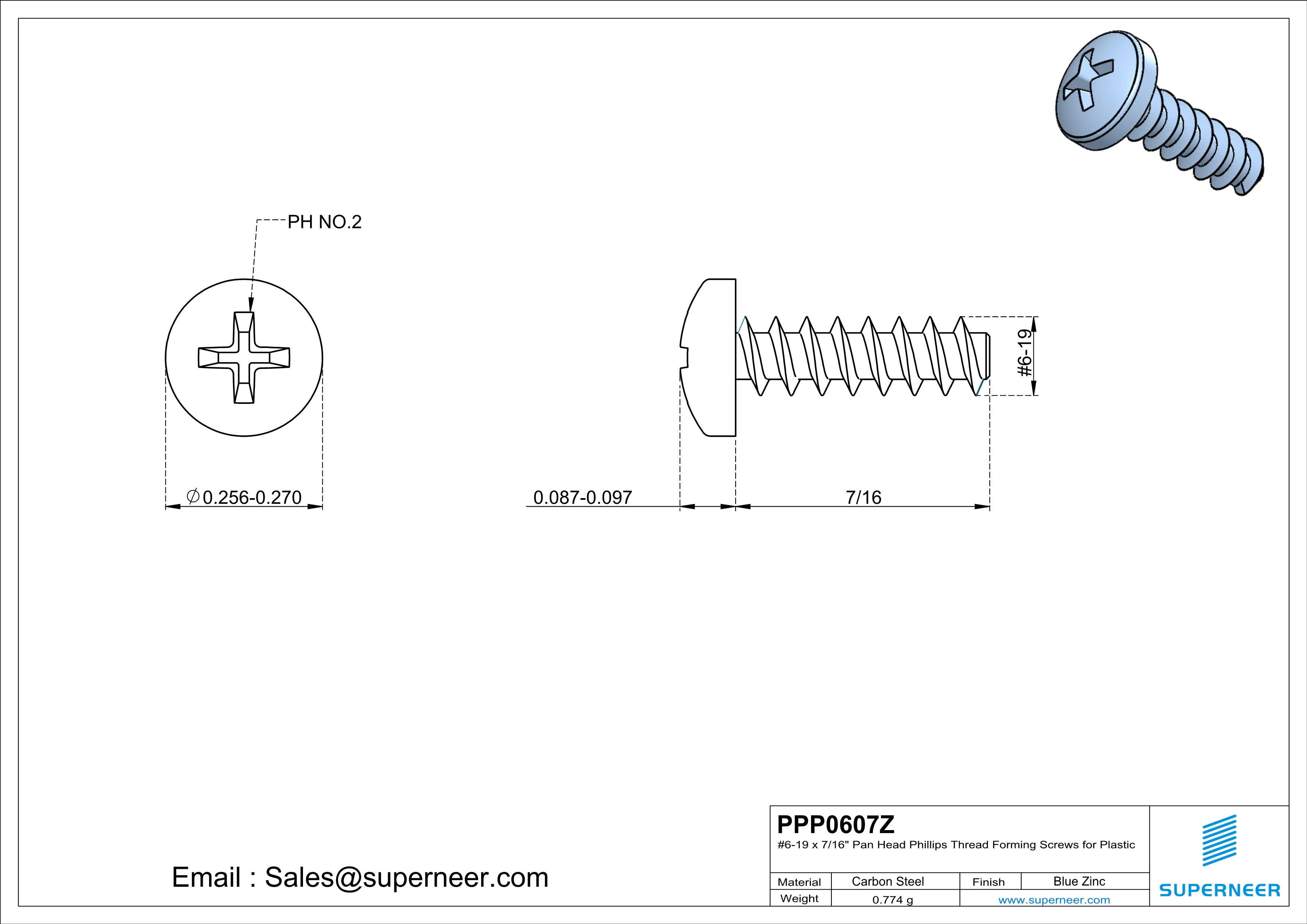 6 &times; 7/16" Pan Head Phillips Thread Forming inch Screws for Plastic  Steel Blue Zinc Plated