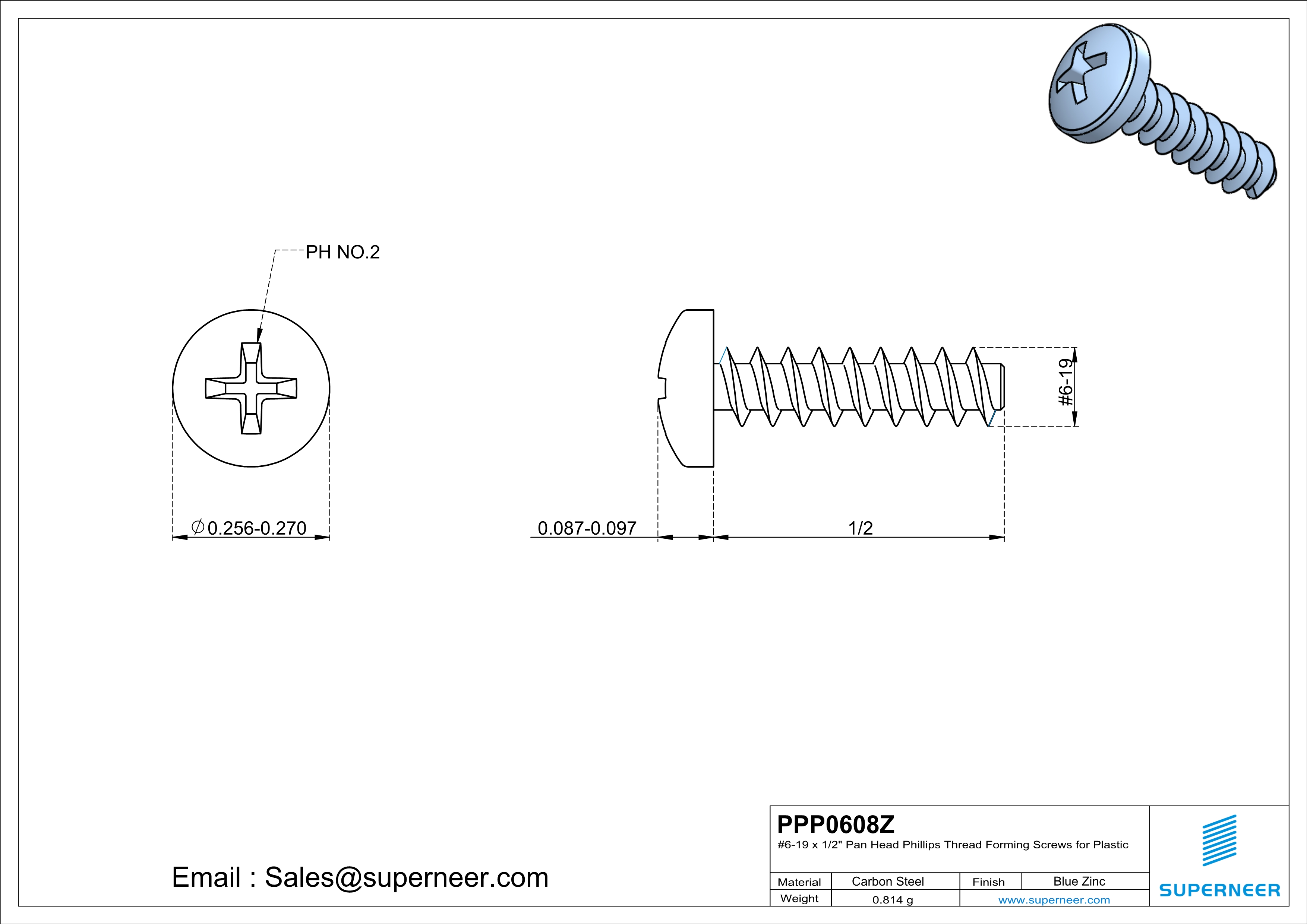 6 &times; 1/2" Pan Head Phillips Thread Forming inch Screws for Plastic  Steel Blue Zinc Plated
