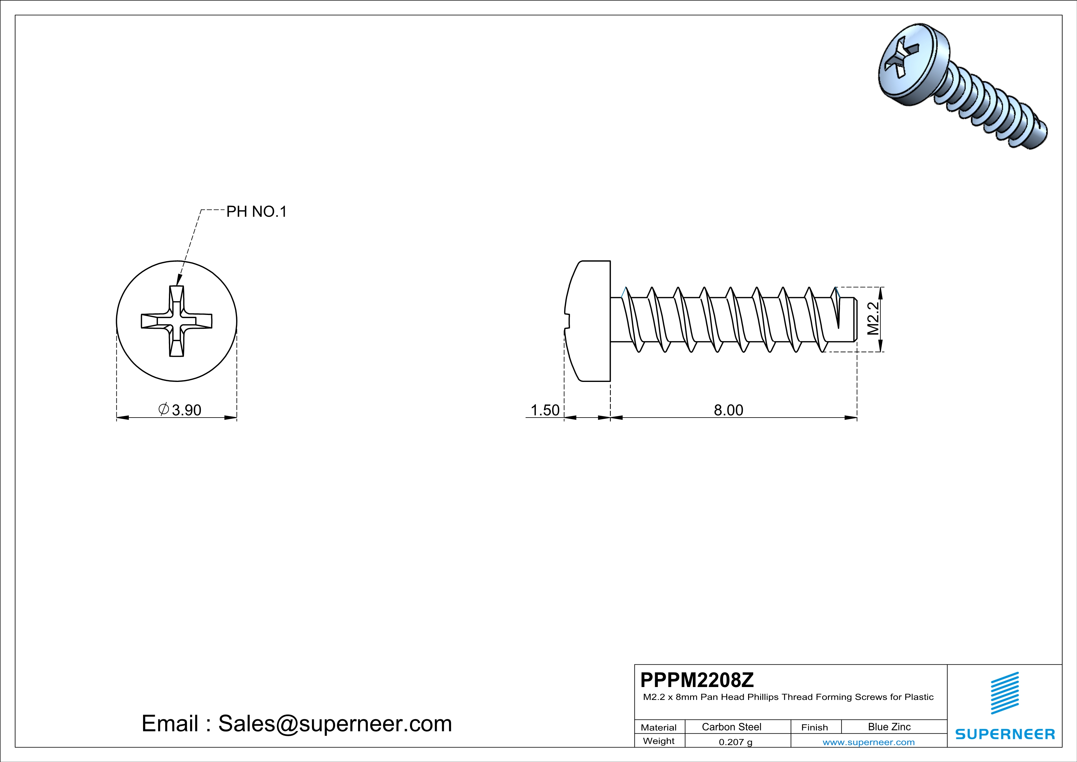M2.2 &times; 8mm  Pan Head Phillips Thread Foming Screws for Plastic   Steel Blue Zinc Plated