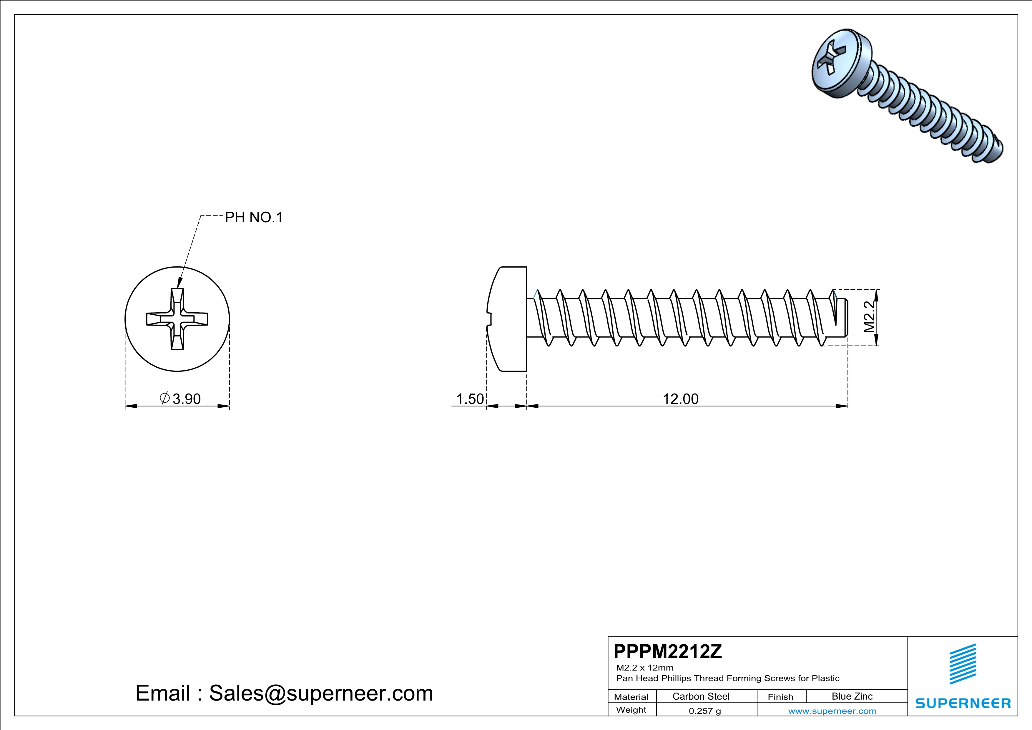 M2.2 &times; 12mm  Pan Head Phillips Thread Foming Screws for Plastic   Steel Blue Zinc Plated