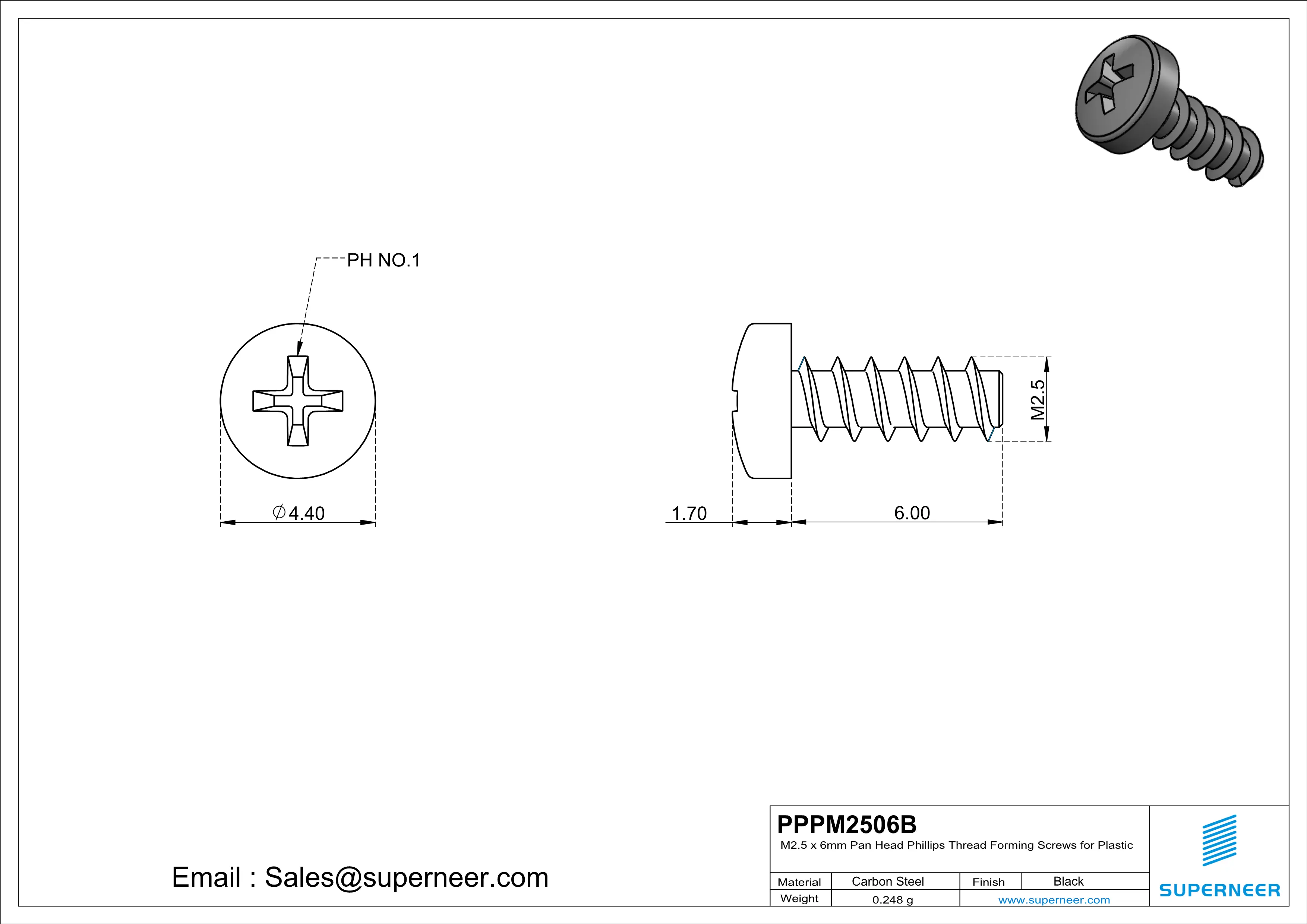M2.5 &times; 6mm  Pan Head Phillips Thread Foming Screws for Plastic   Steel Black
