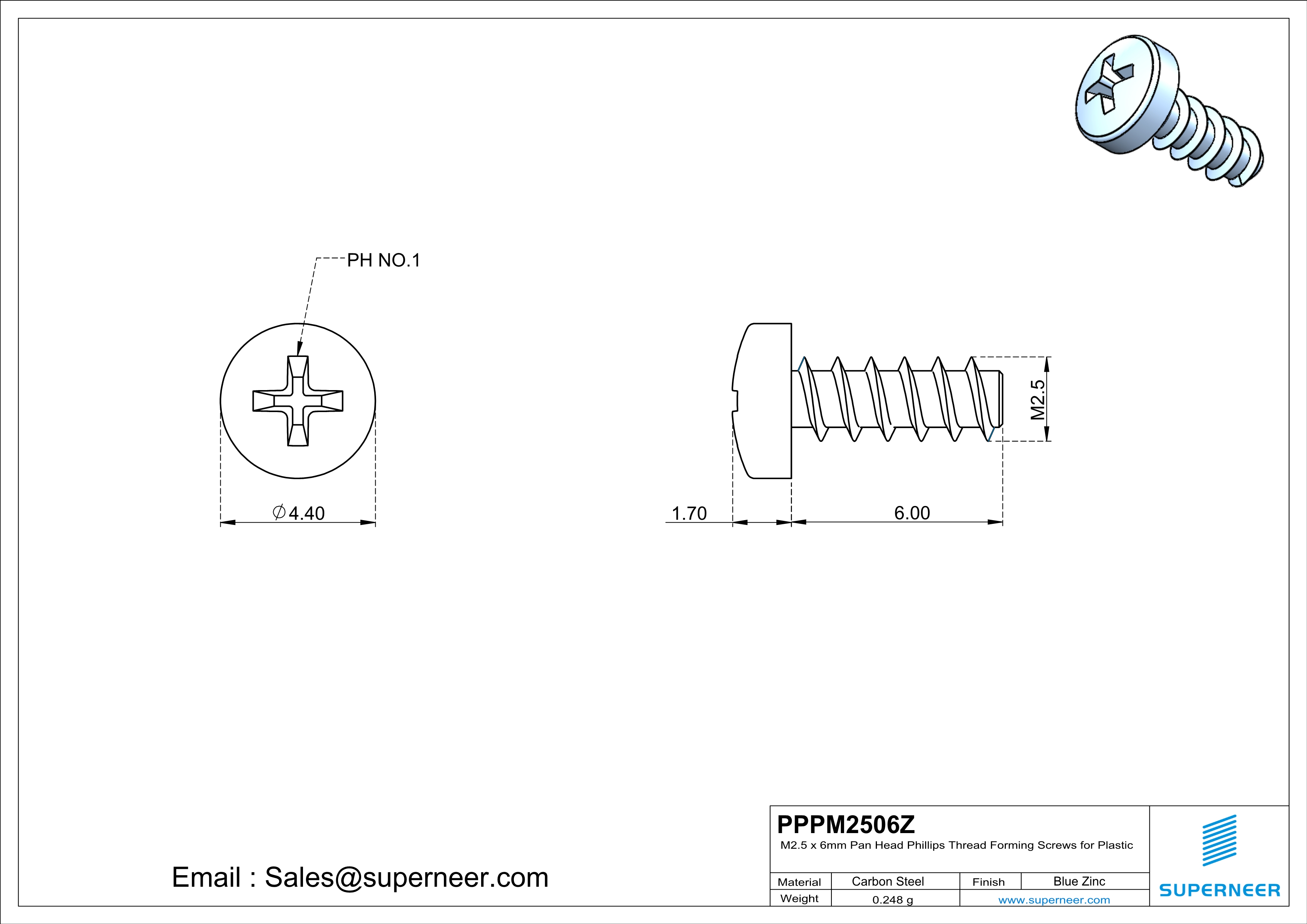 M2.5 &times; 6mm  Pan Head Phillips Thread Foming Screws for Plastic   Steel Blue Zinc Plated