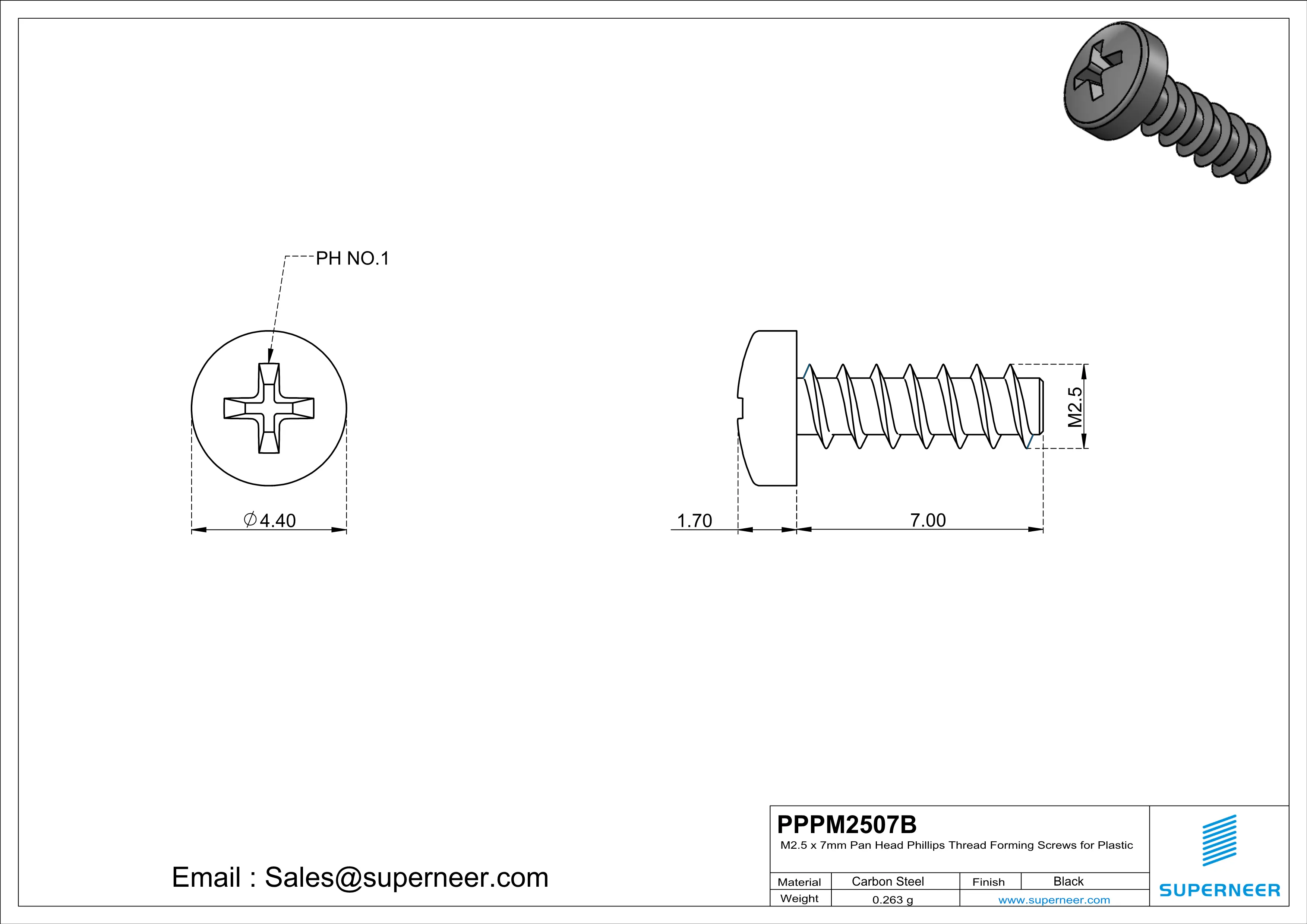 M2.5 &times; 7mm  Pan Head Phillips Thread Foming Screws for Plastic   Steel Black