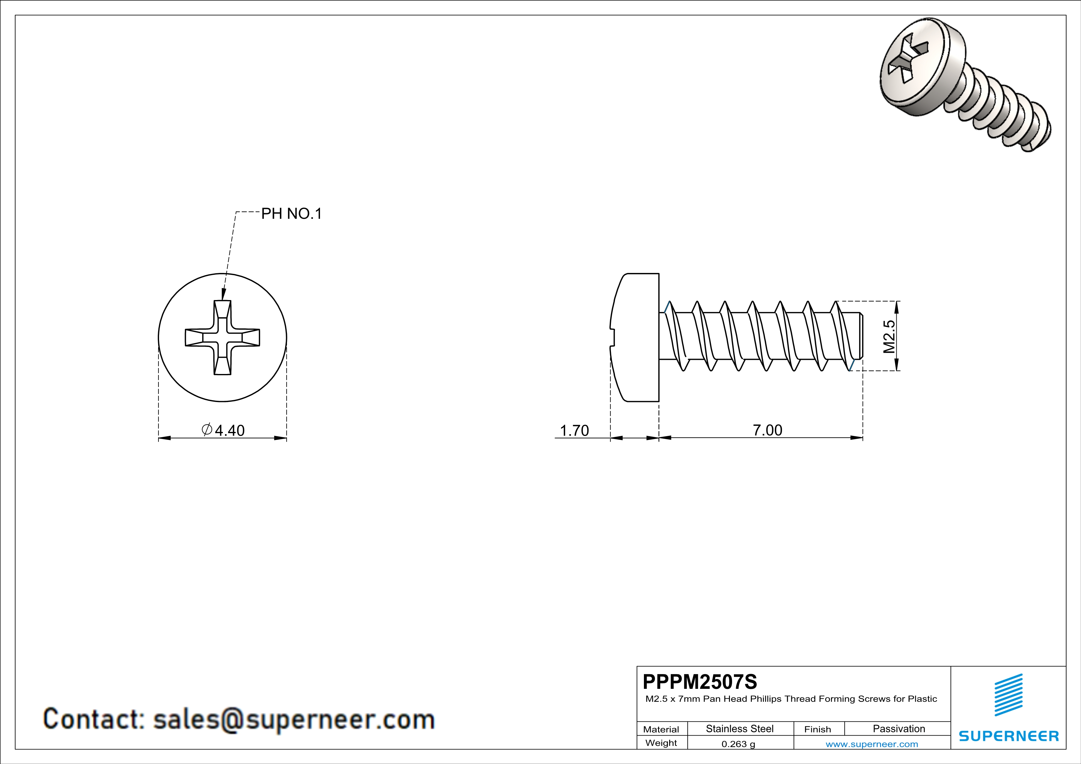 M2.5 &times; 7mm  Pan Head Phillips Thread Foming Screws for Plastic SUS304 Stainless Steel Inox